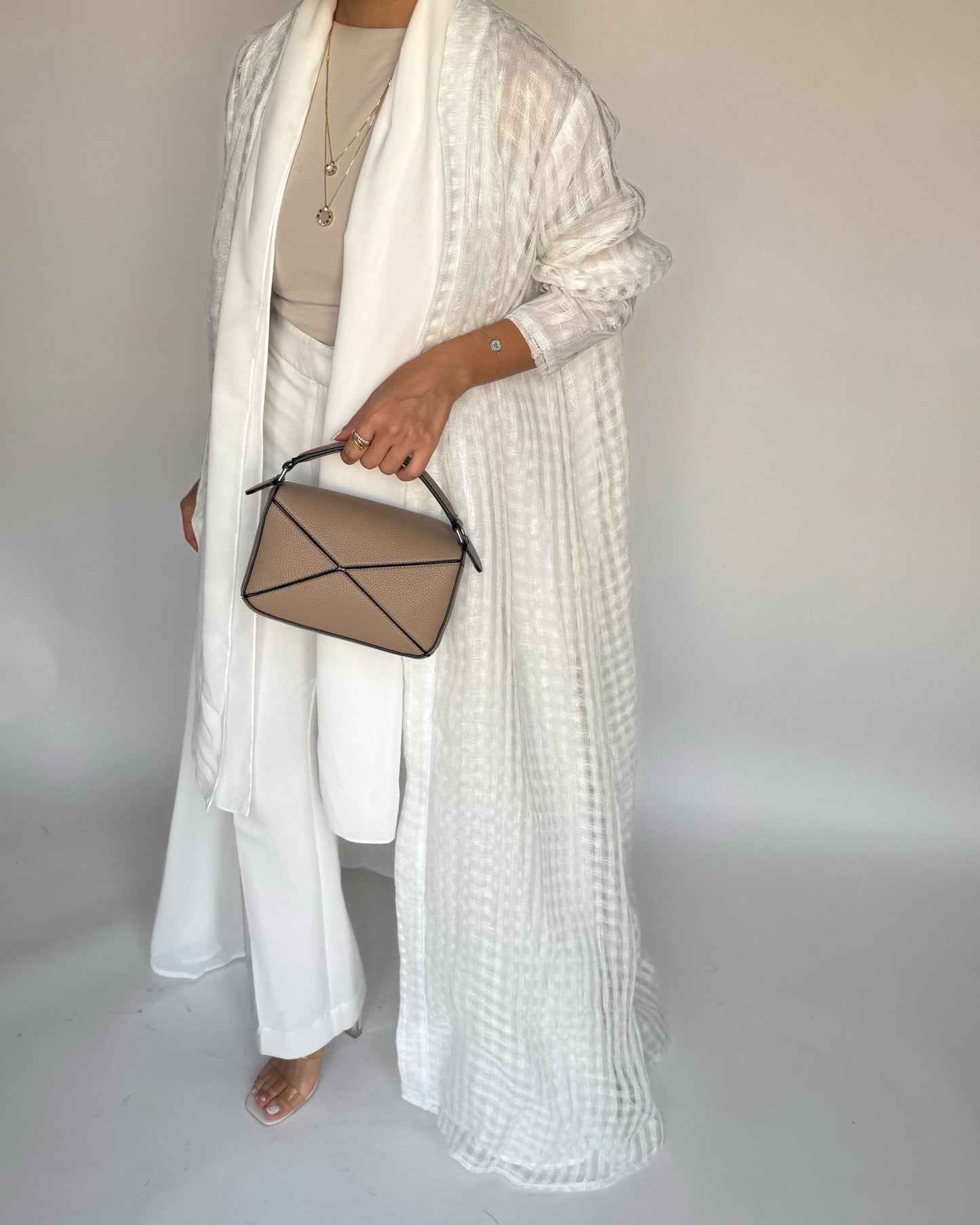 A448 - Off-White A-Cut Linen Checkered Summery Daily Abaya