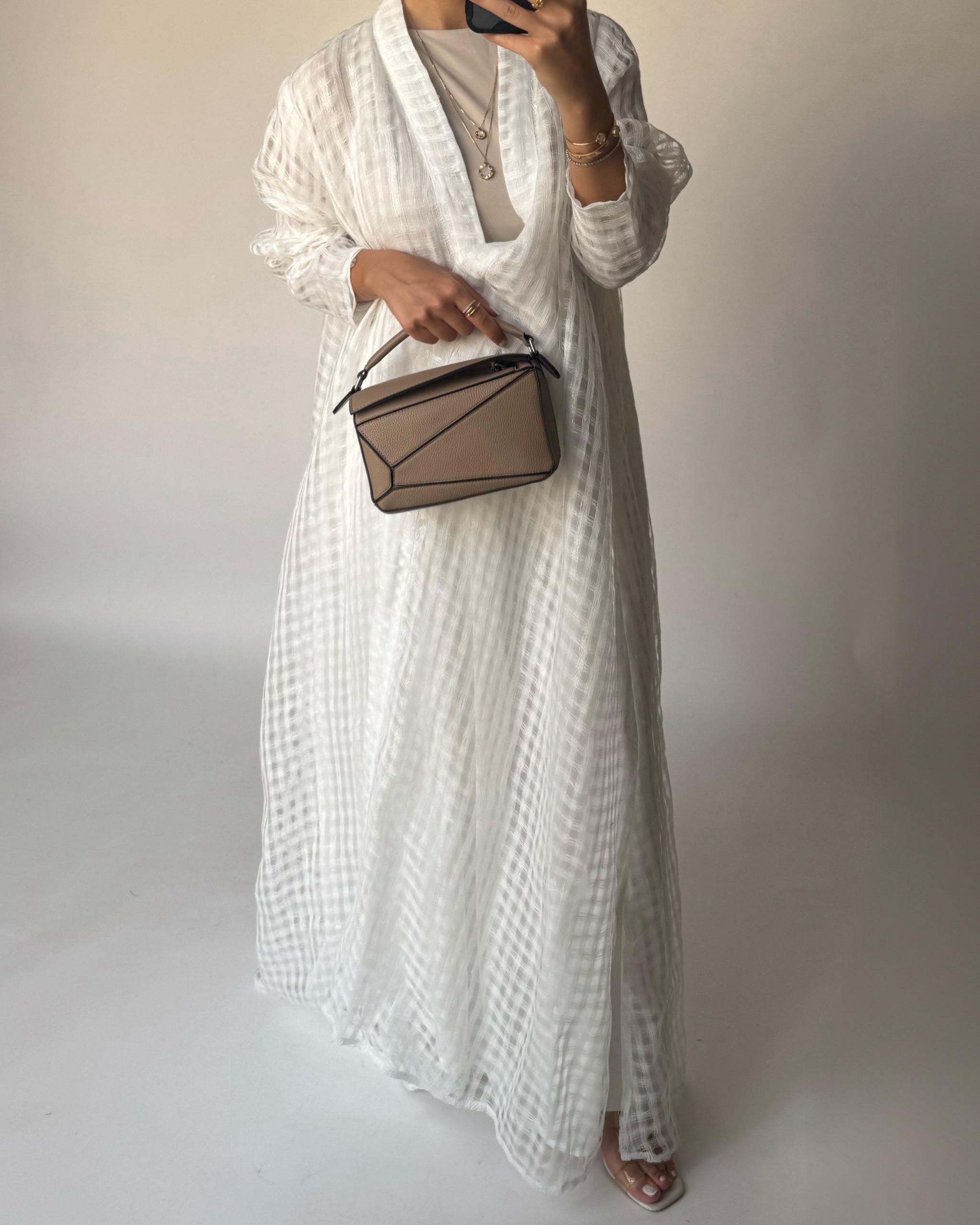 A448 - Off-White A-Cut Linen Checkered Summery Daily Abaya
