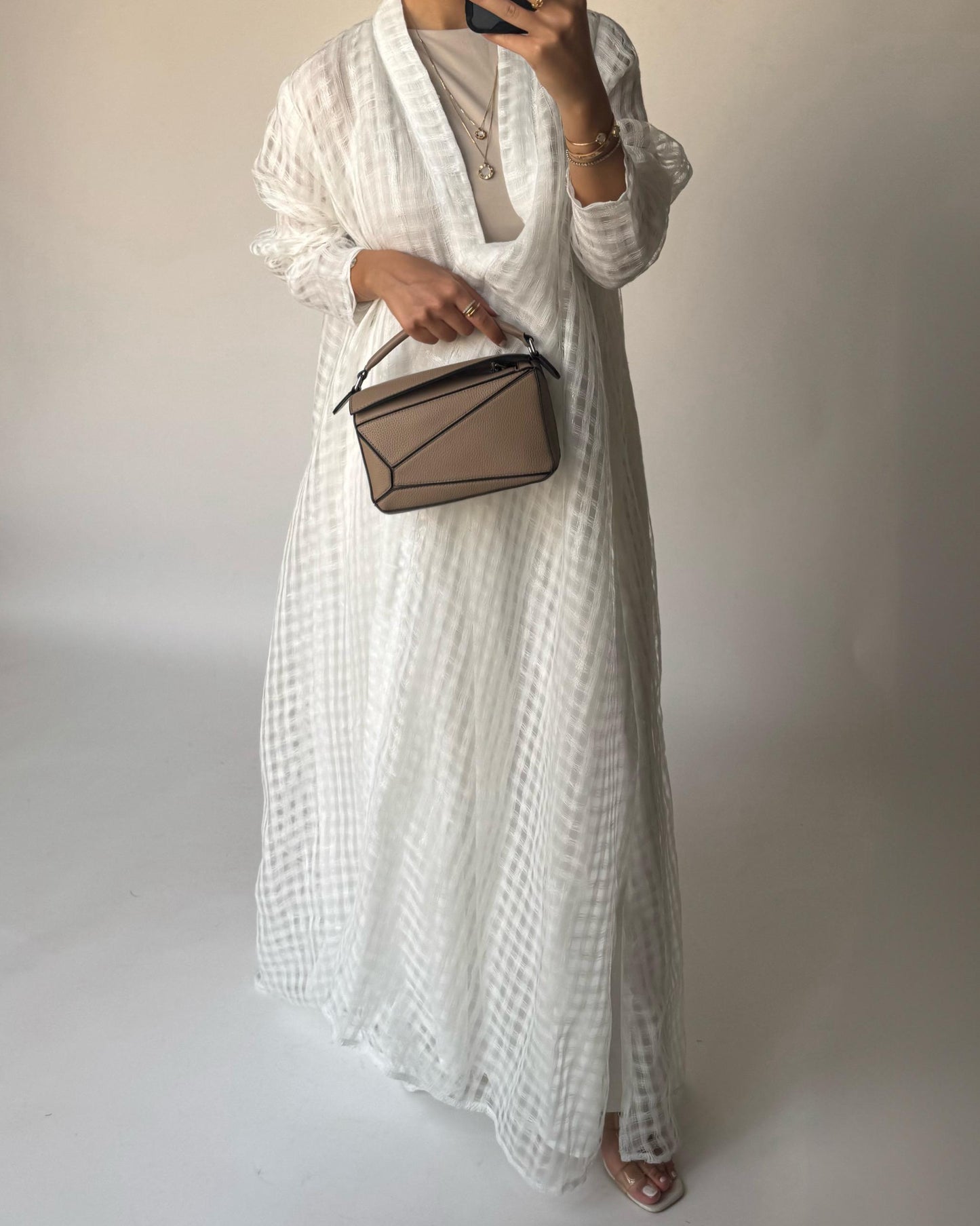 A448 - Off-White A-Cut Linen Checkered Summery Daily Abaya