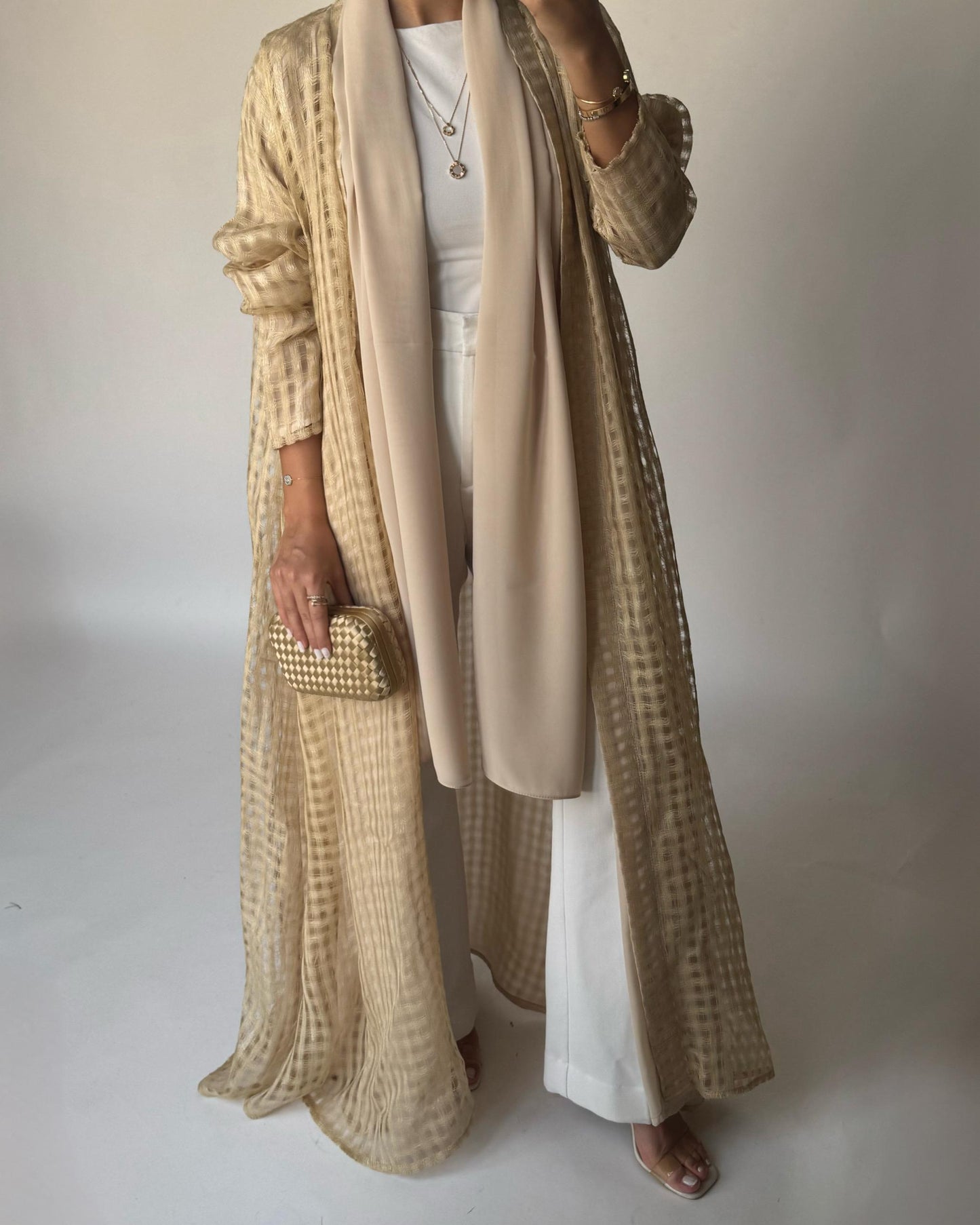 A451 - Gold A-Cut Linen Checkered Summery Daily Abaya