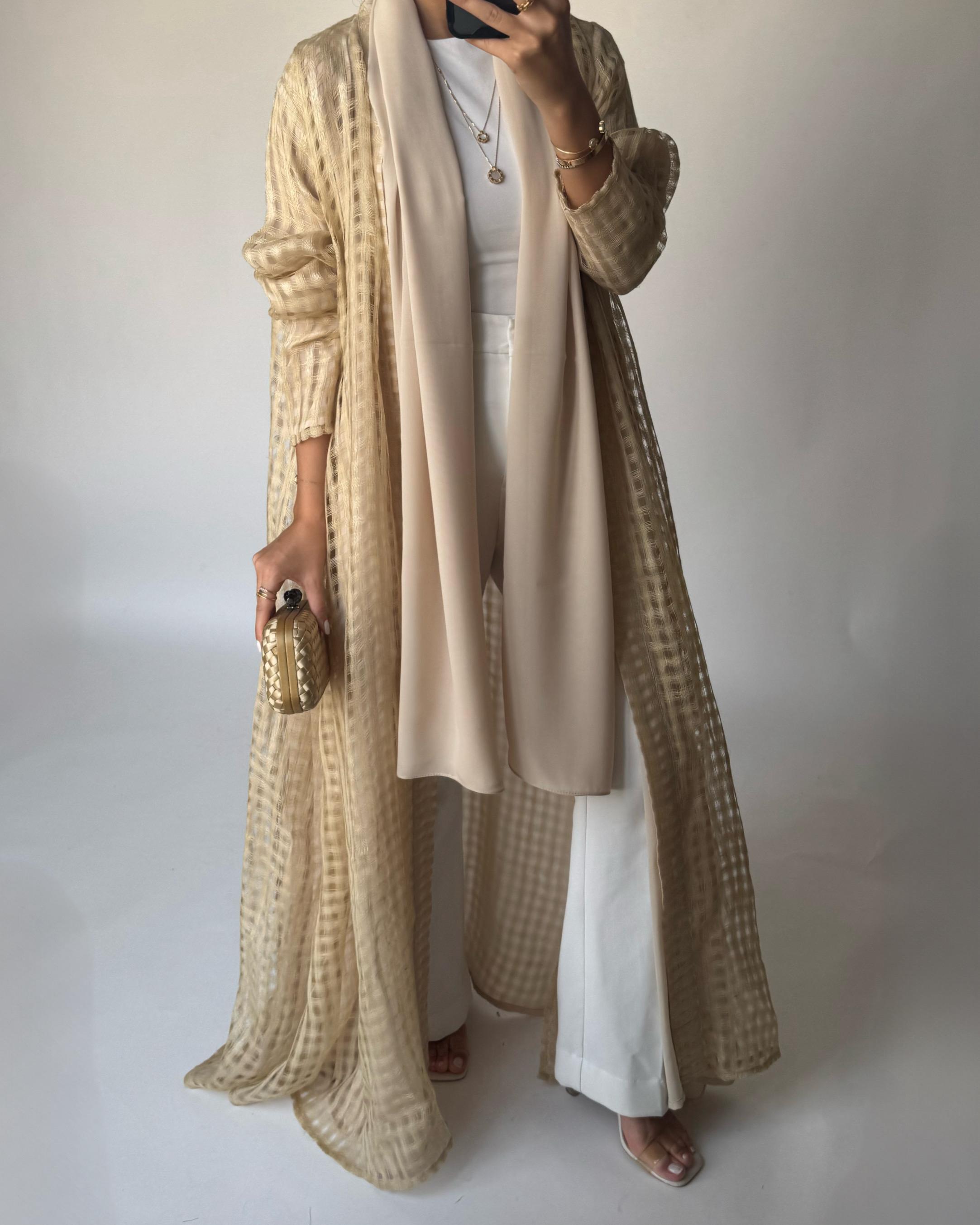 A451 - Gold A-Cut Linen Checkered Summery Daily Abaya