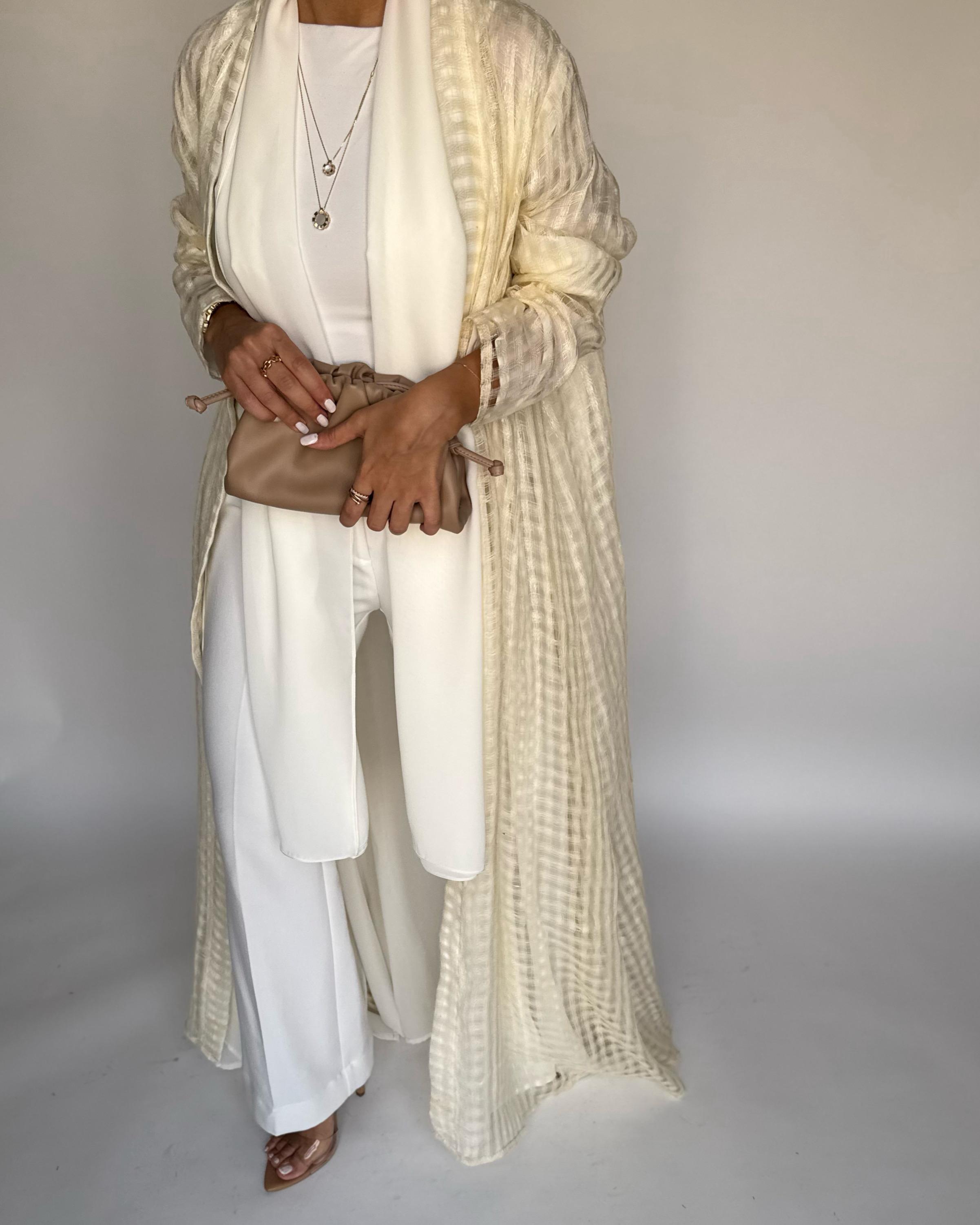 A447 - Cream A-Cut Linen Checkered Summery Daily Abaya
