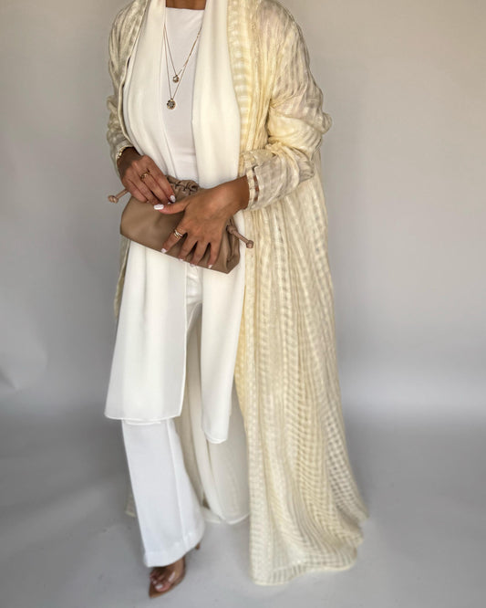 A447 - Cream A-Cut Linen Checkered Summery Daily Abaya
