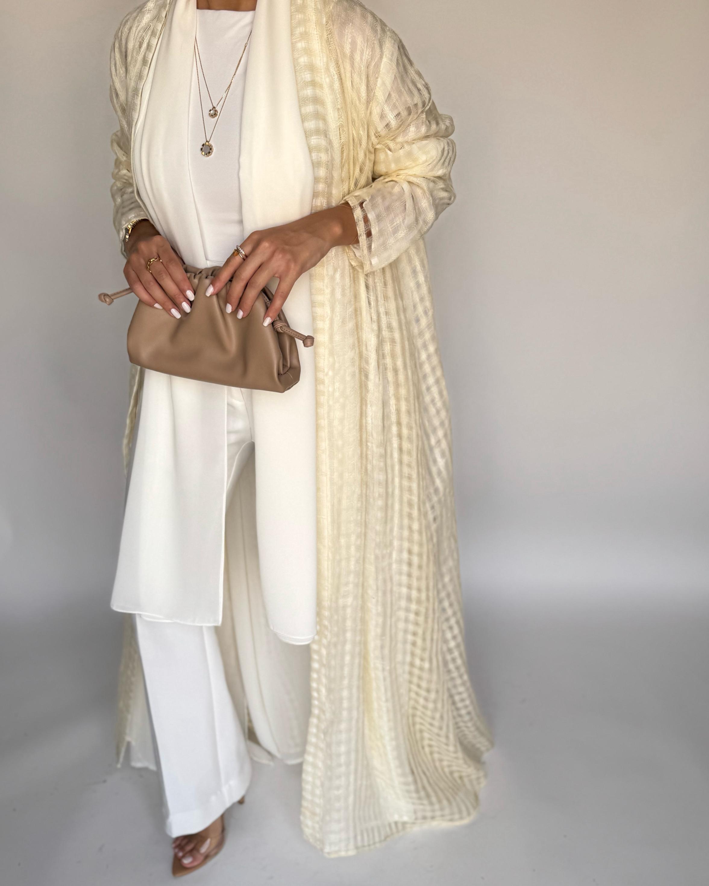 A447 - Cream A-Cut Linen Checkered Summery Daily Abaya