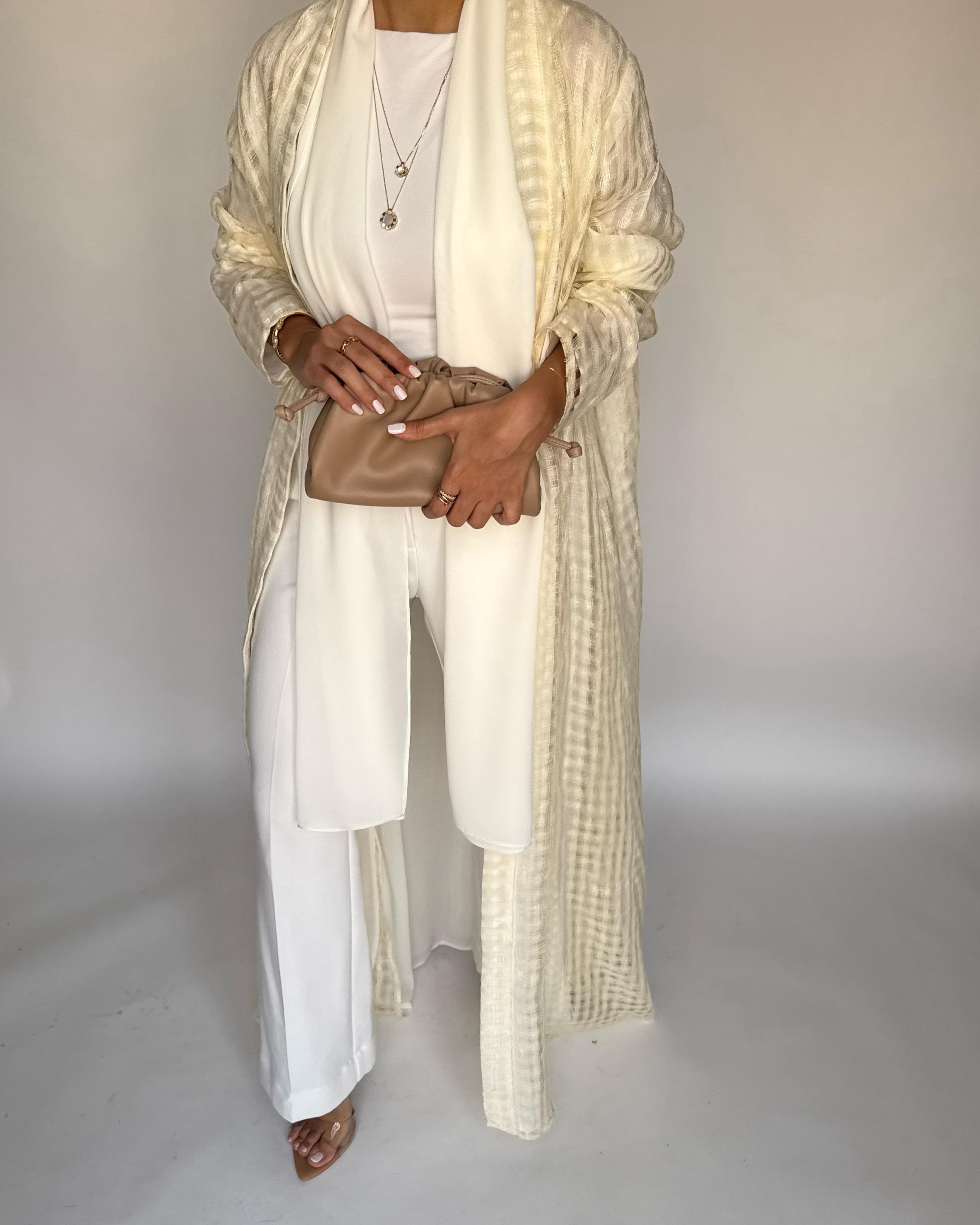 A447 - Cream A-Cut Linen Checkered Summery Daily Abaya