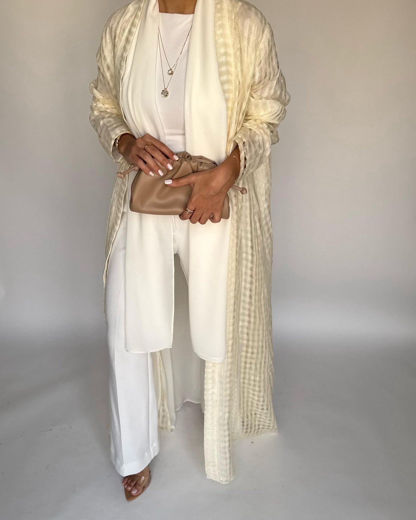 A447 - Cream A-Cut Linen Checkered Summery Daily Abaya