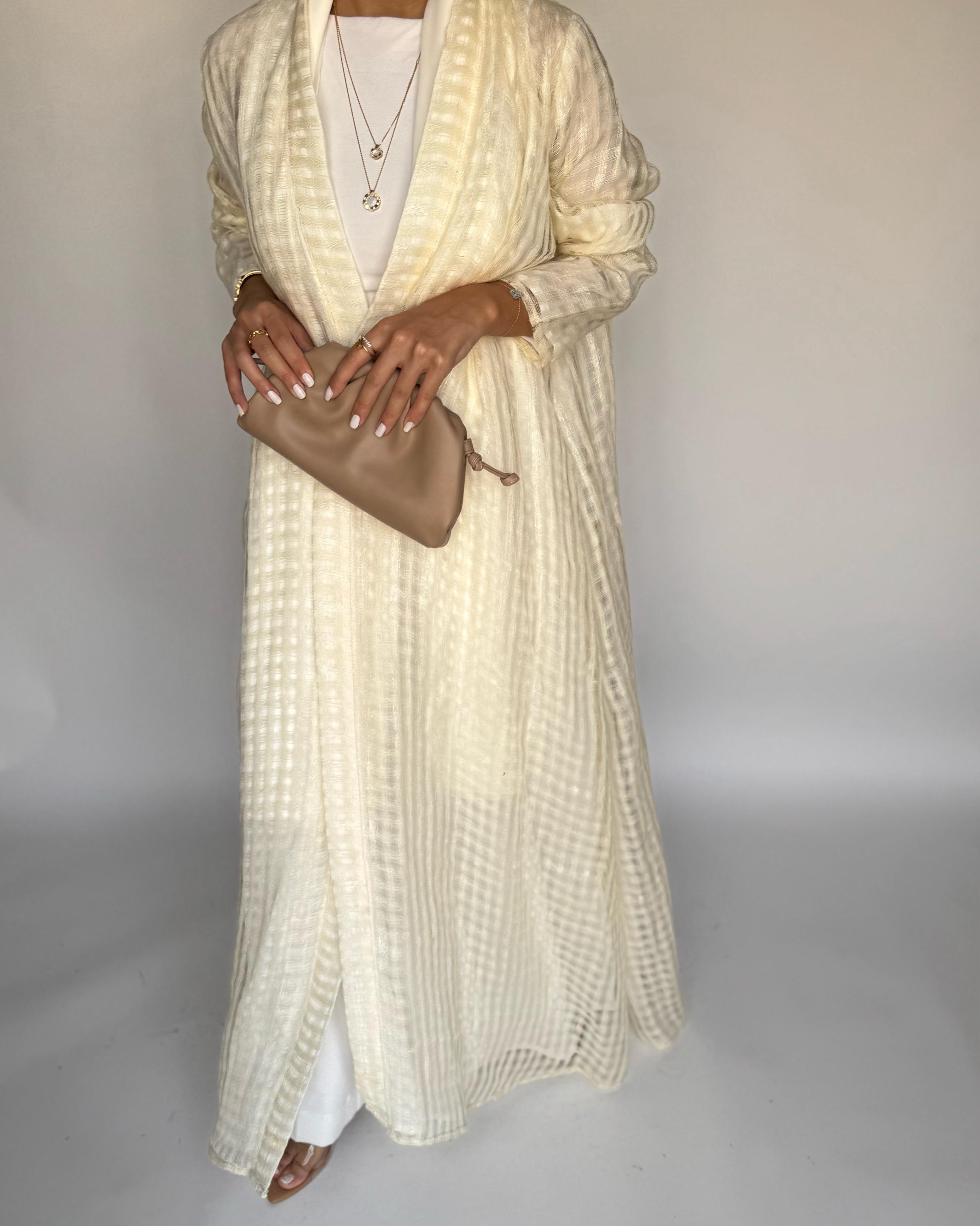 A447 - Cream A-Cut Linen Checkered Summery Daily Abaya