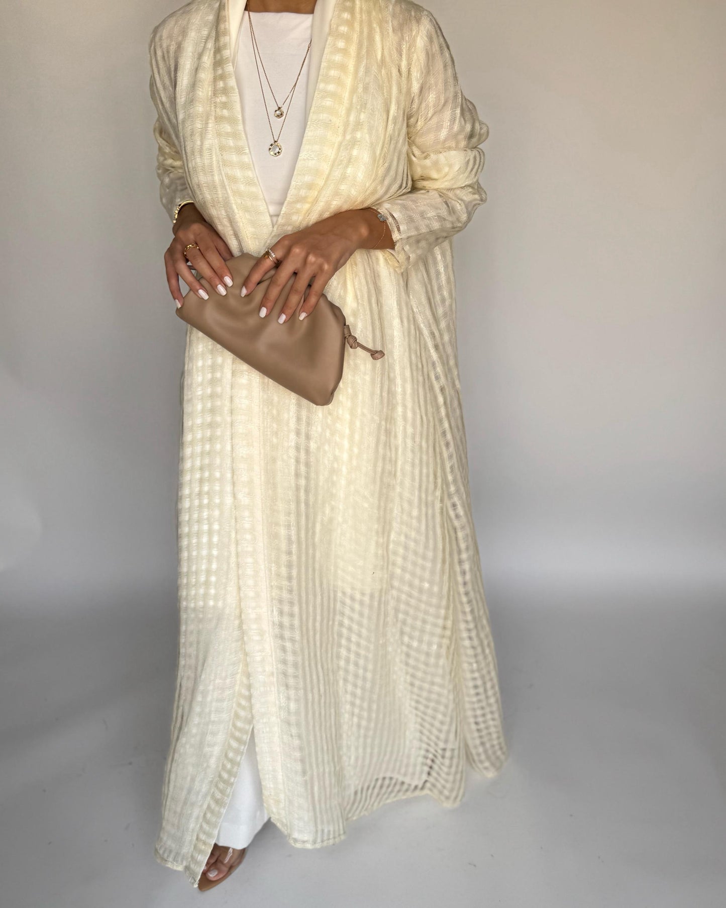 A447 - Cream A-Cut Linen Checkered Summery Daily Abaya
