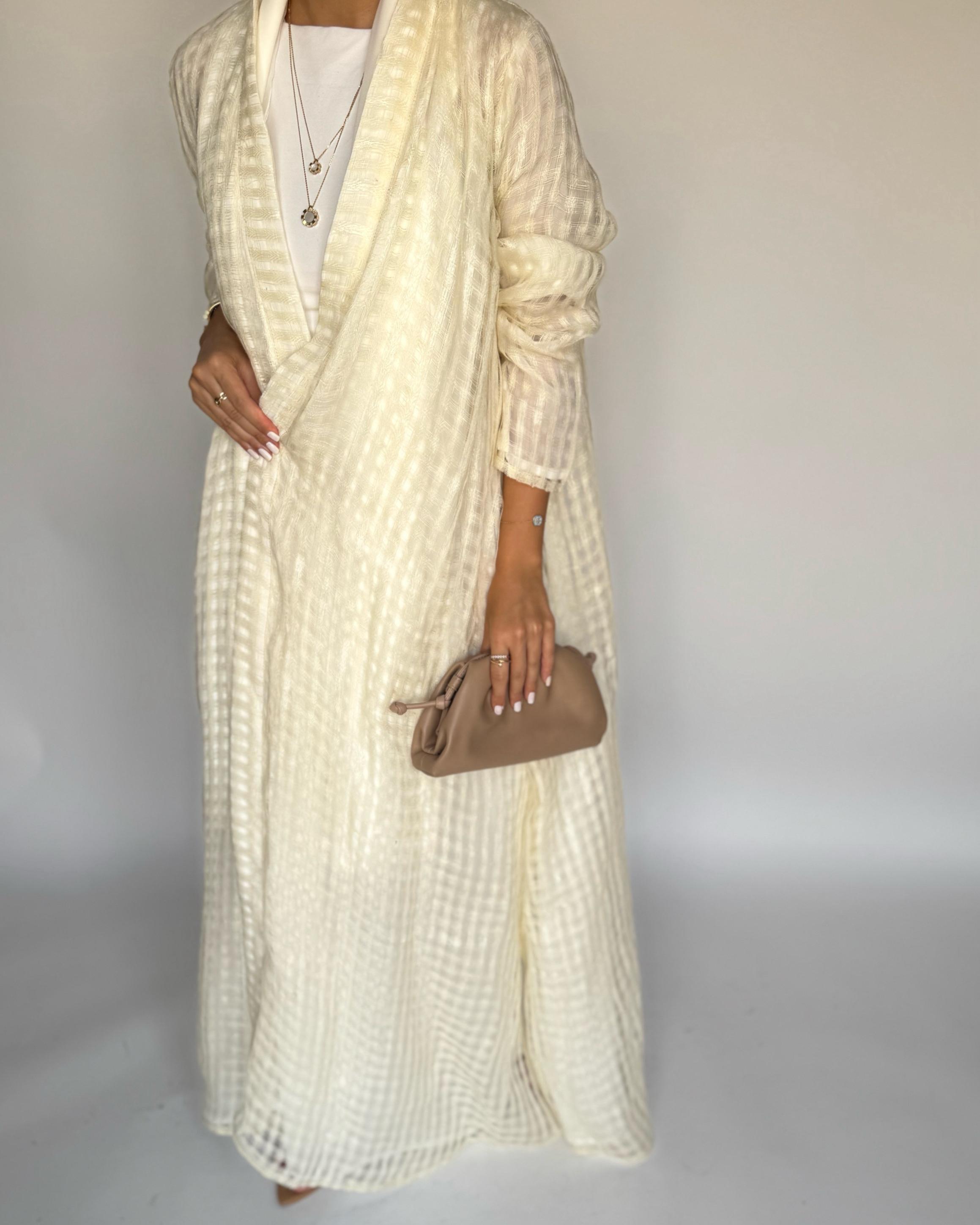 A447 - Cream A-Cut Linen Checkered Summery Daily Abaya