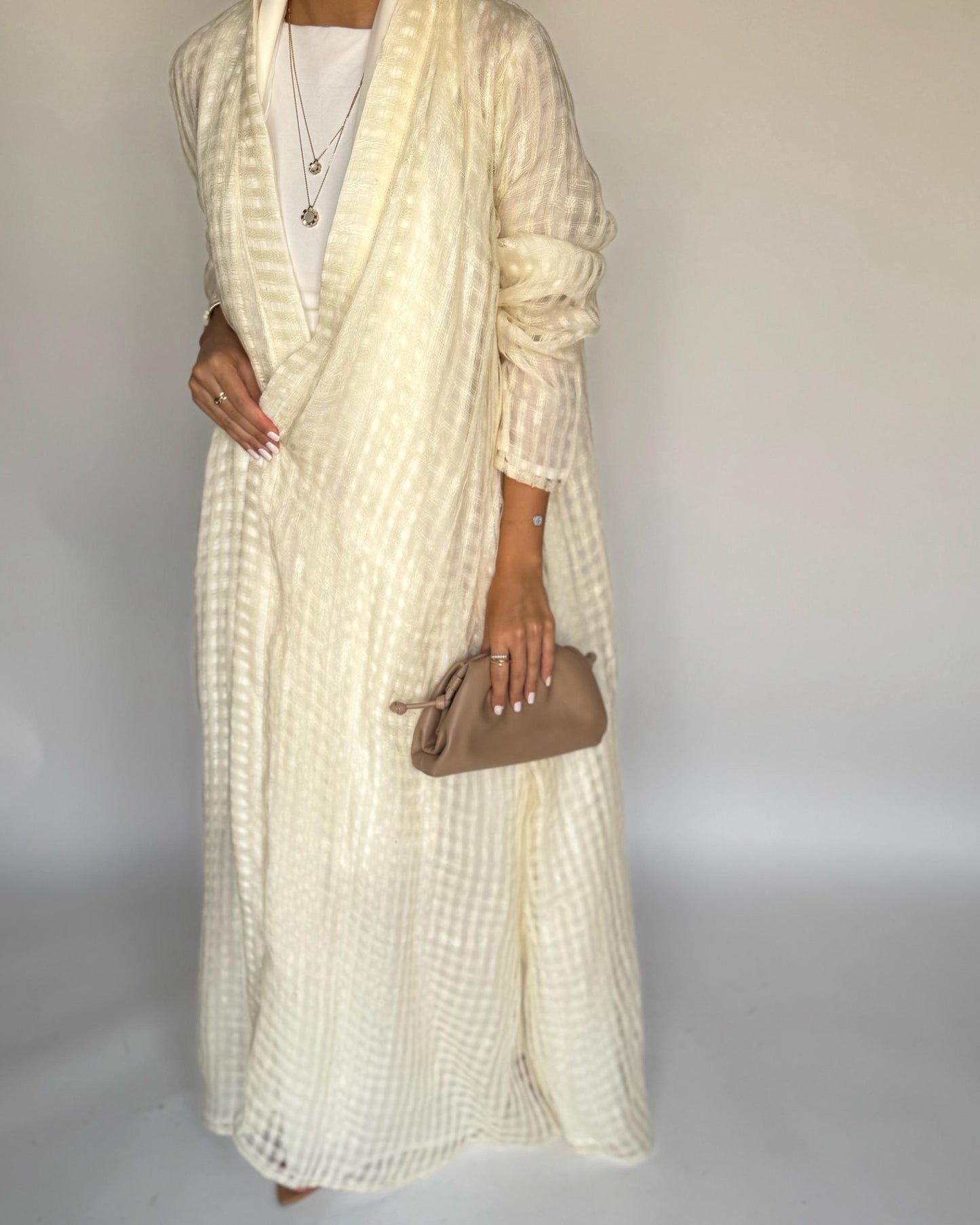 A447 - Cream A-Cut Linen Checkered Summery Daily Abaya