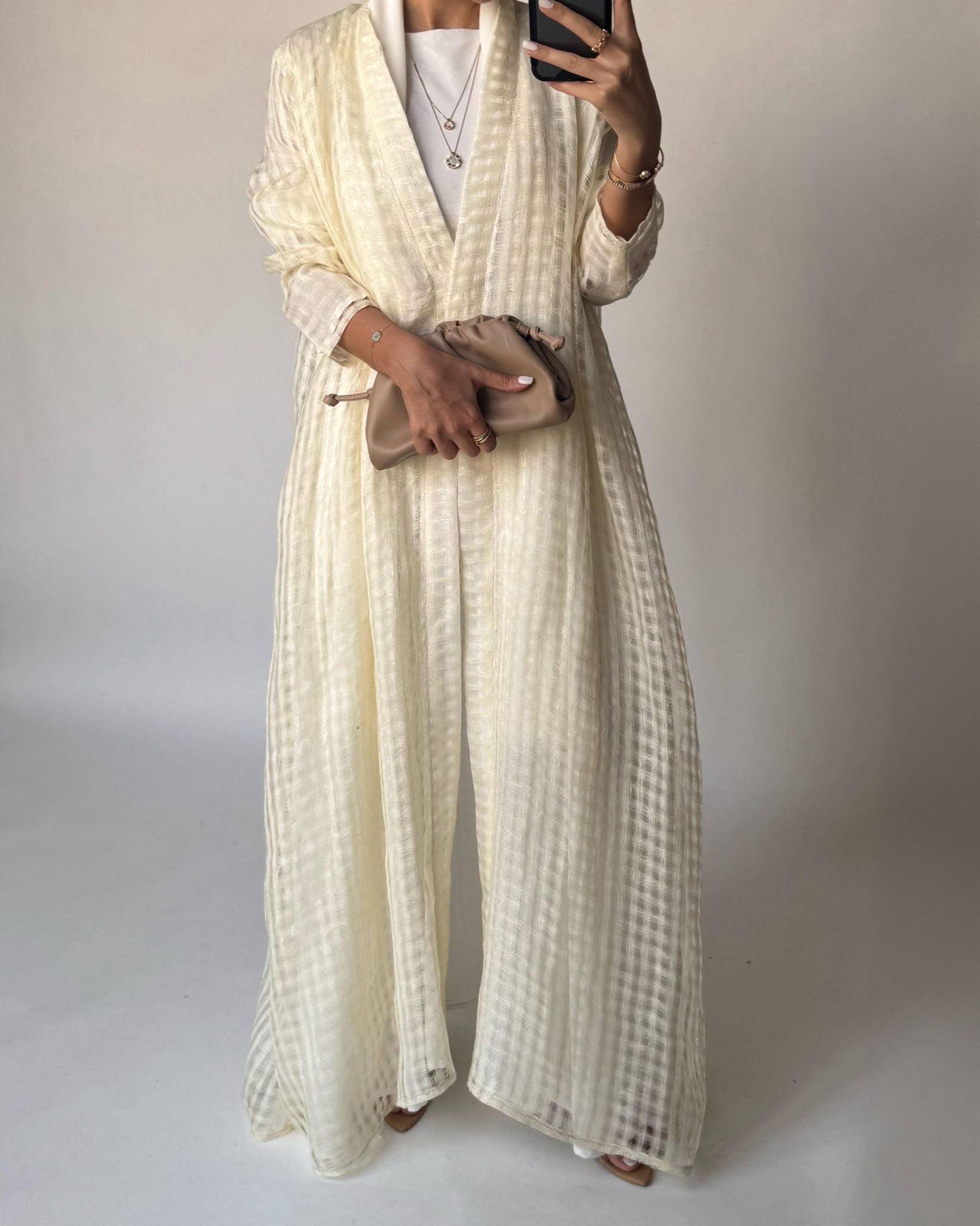 A447 - Cream A-Cut Linen Checkered Summery Daily Abaya