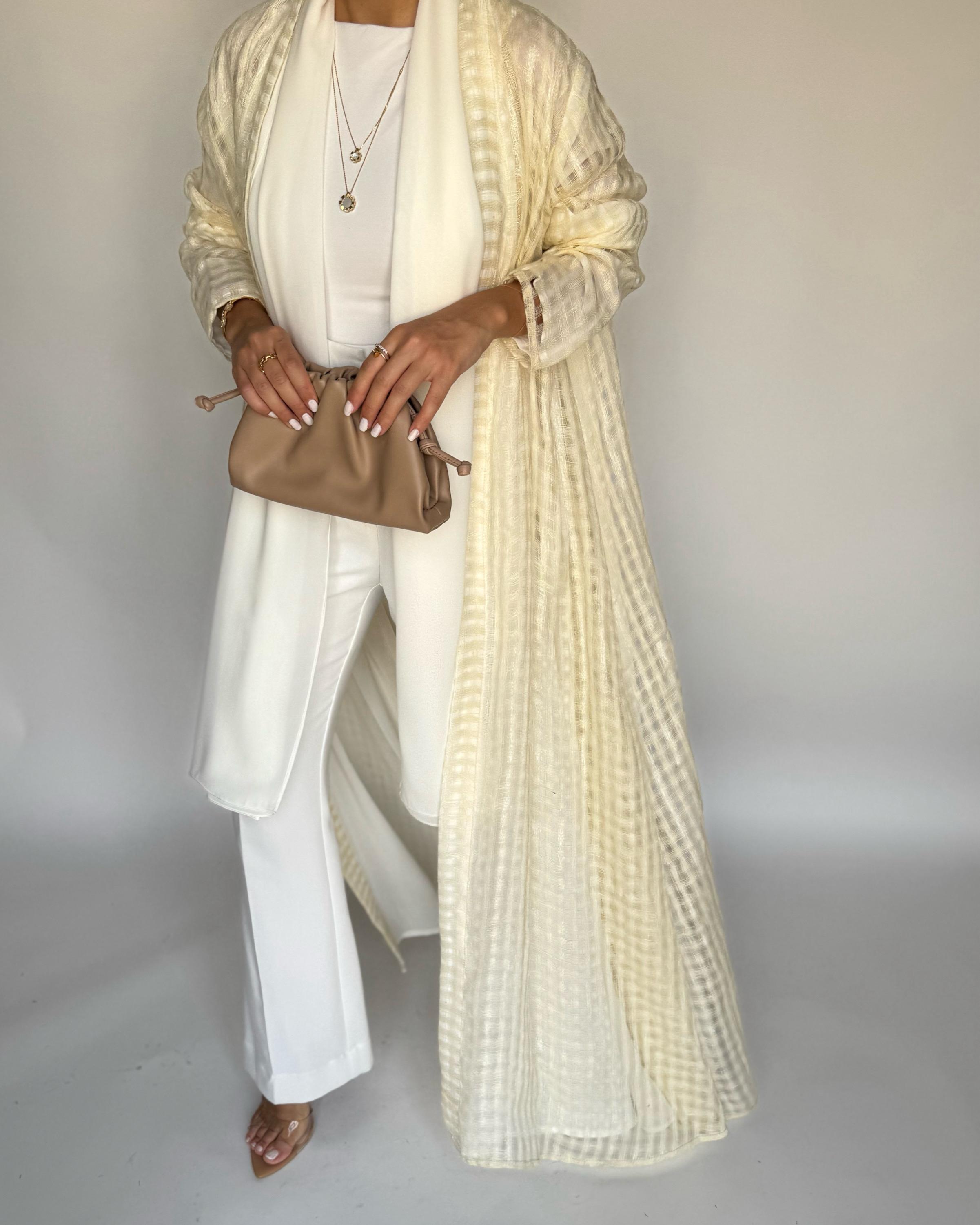 A447 - Cream A-Cut Linen Checkered Summery Daily Abaya