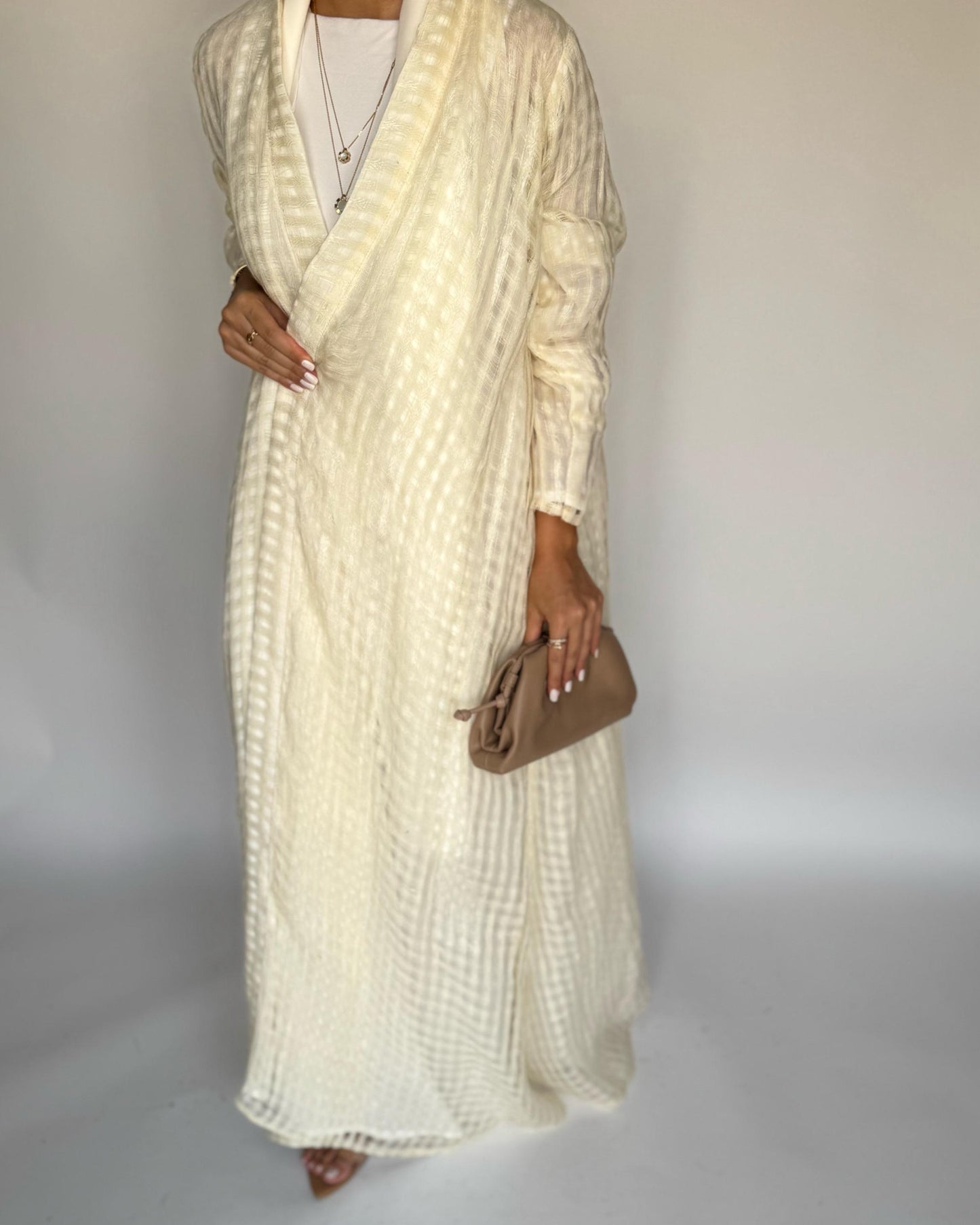 A447 - Cream A-Cut Linen Checkered Summery Daily Abaya