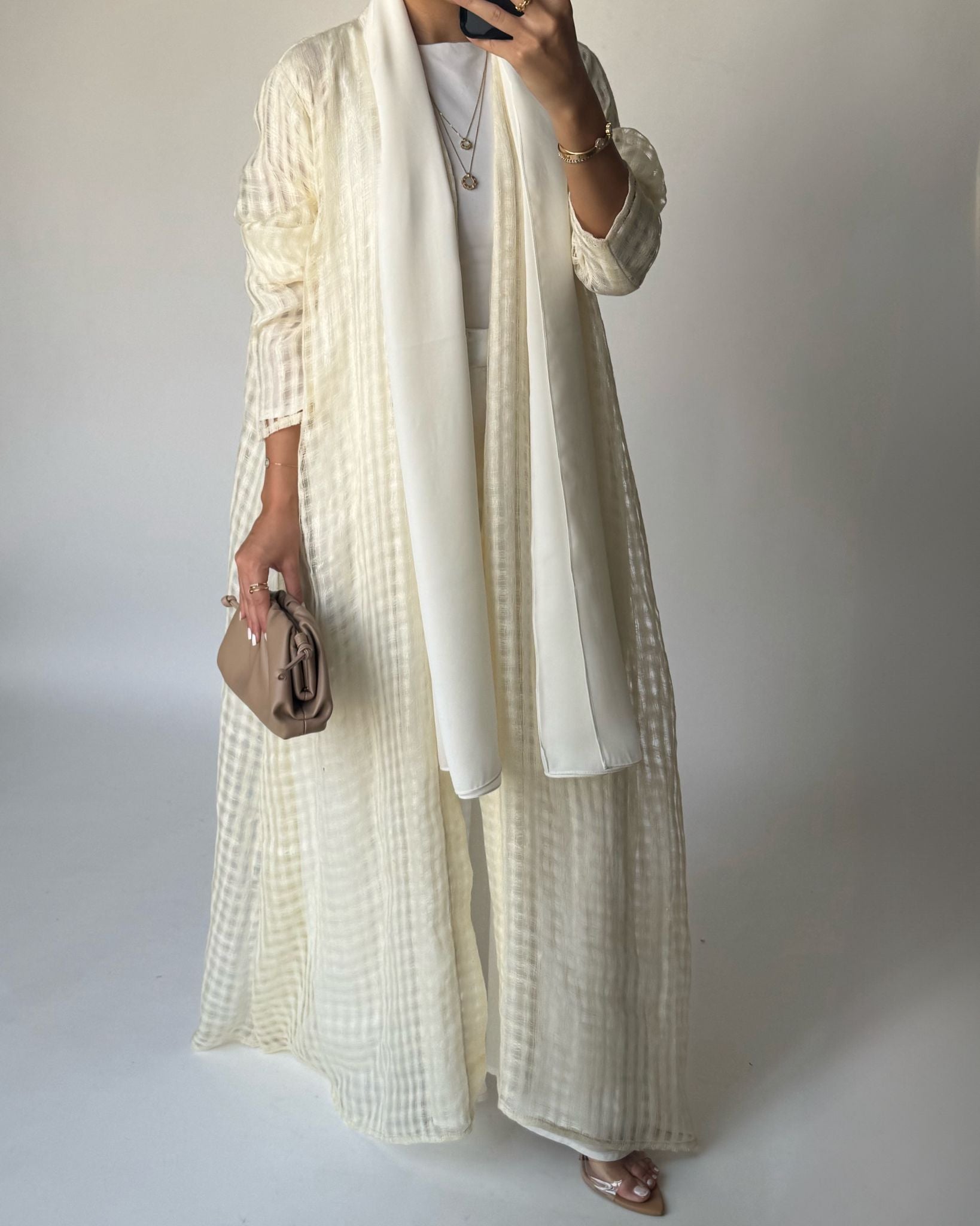 A447 - Cream A-Cut Linen Checkered Summery Daily Abaya