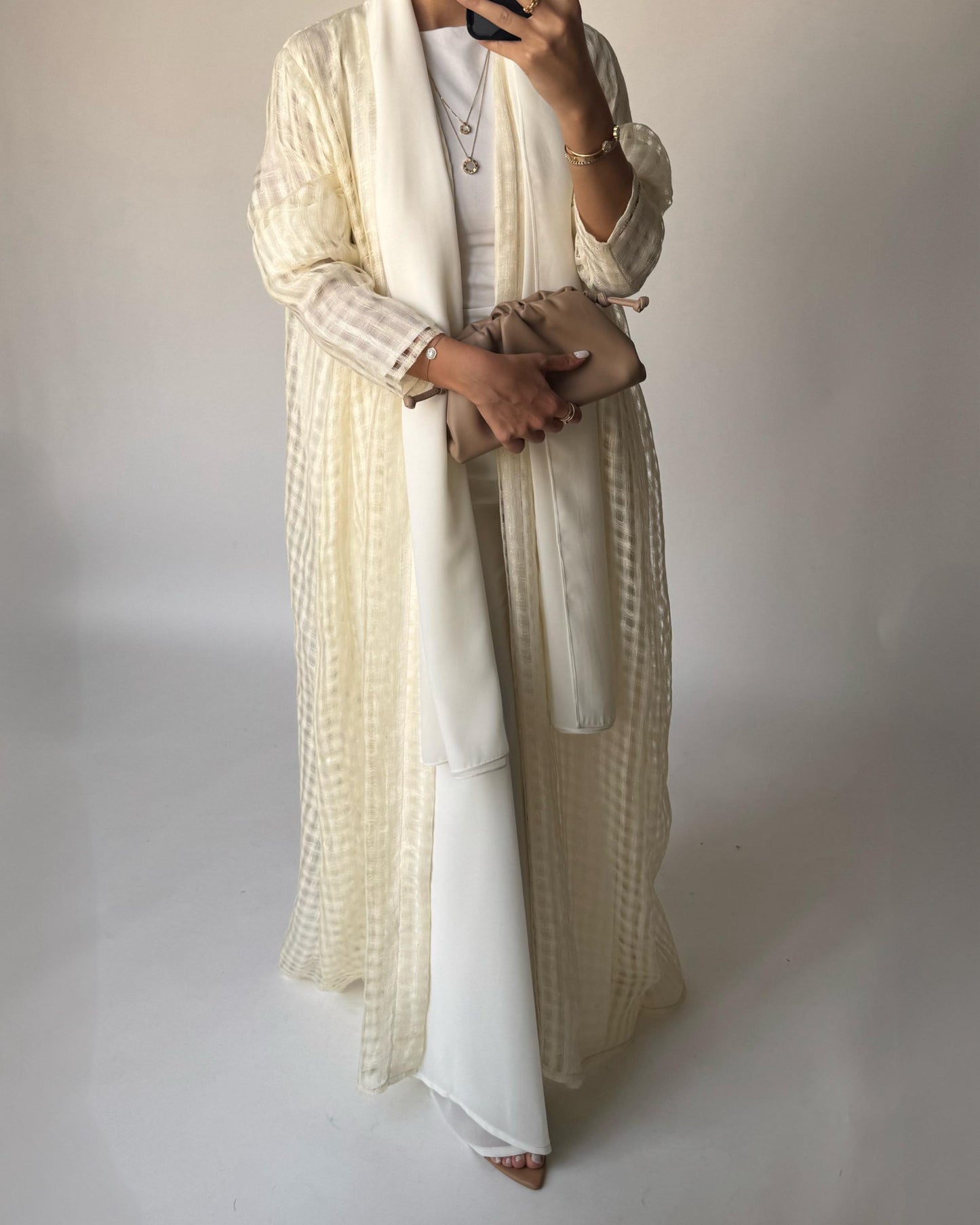 A447 - Cream A-Cut Linen Checkered Summery Daily Abaya