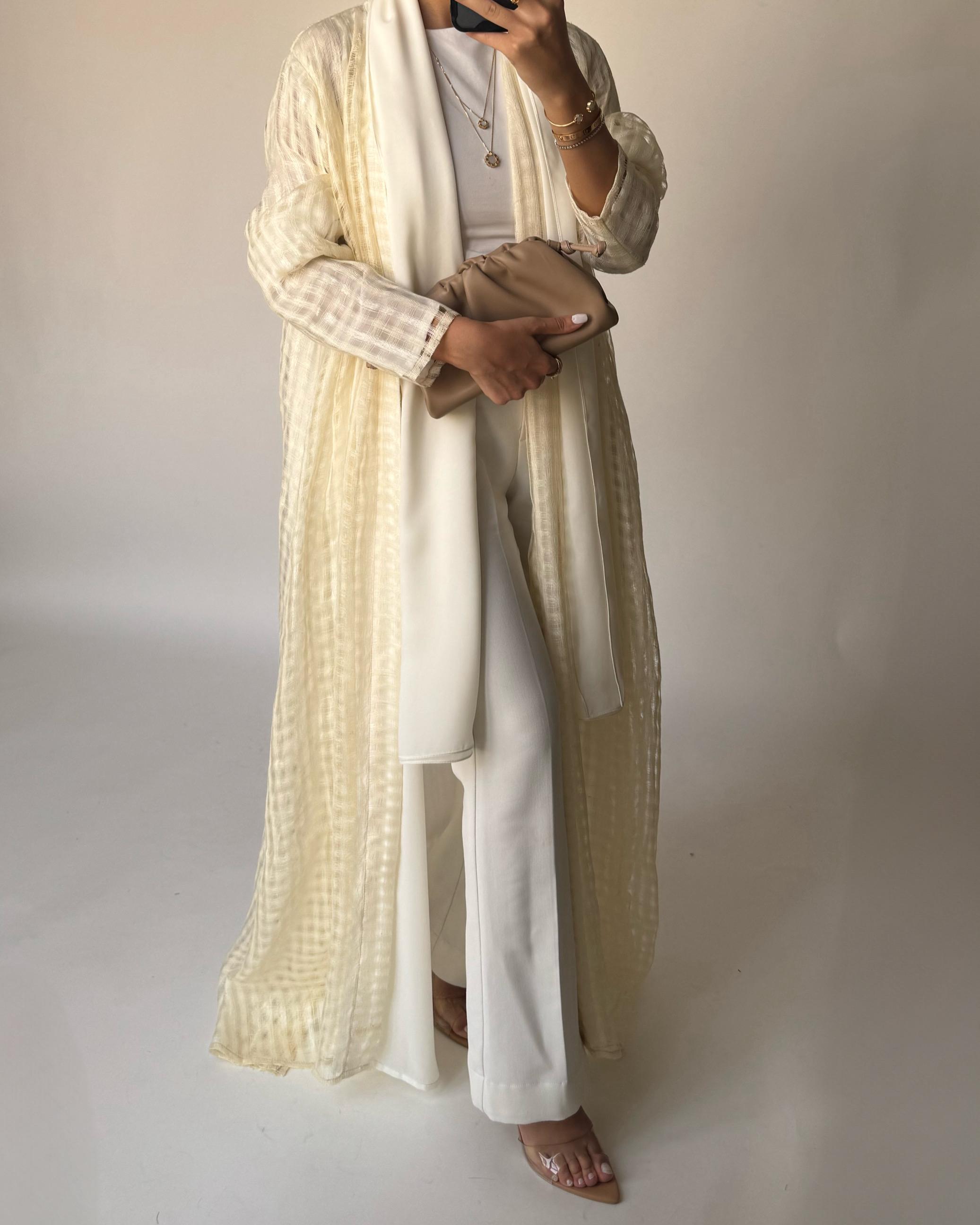 A447 - Cream A-Cut Linen Checkered Summery Daily Abaya