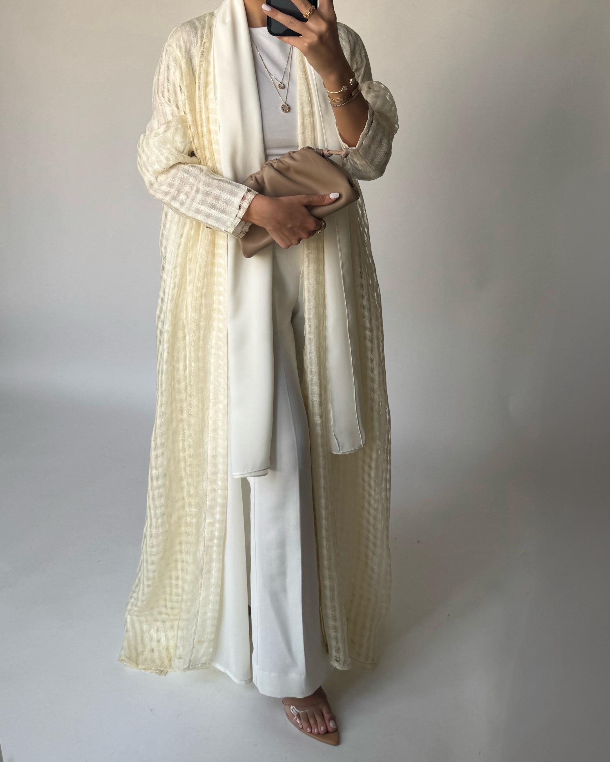 A447 - Cream A-Cut Linen Checkered Summery Daily Abaya