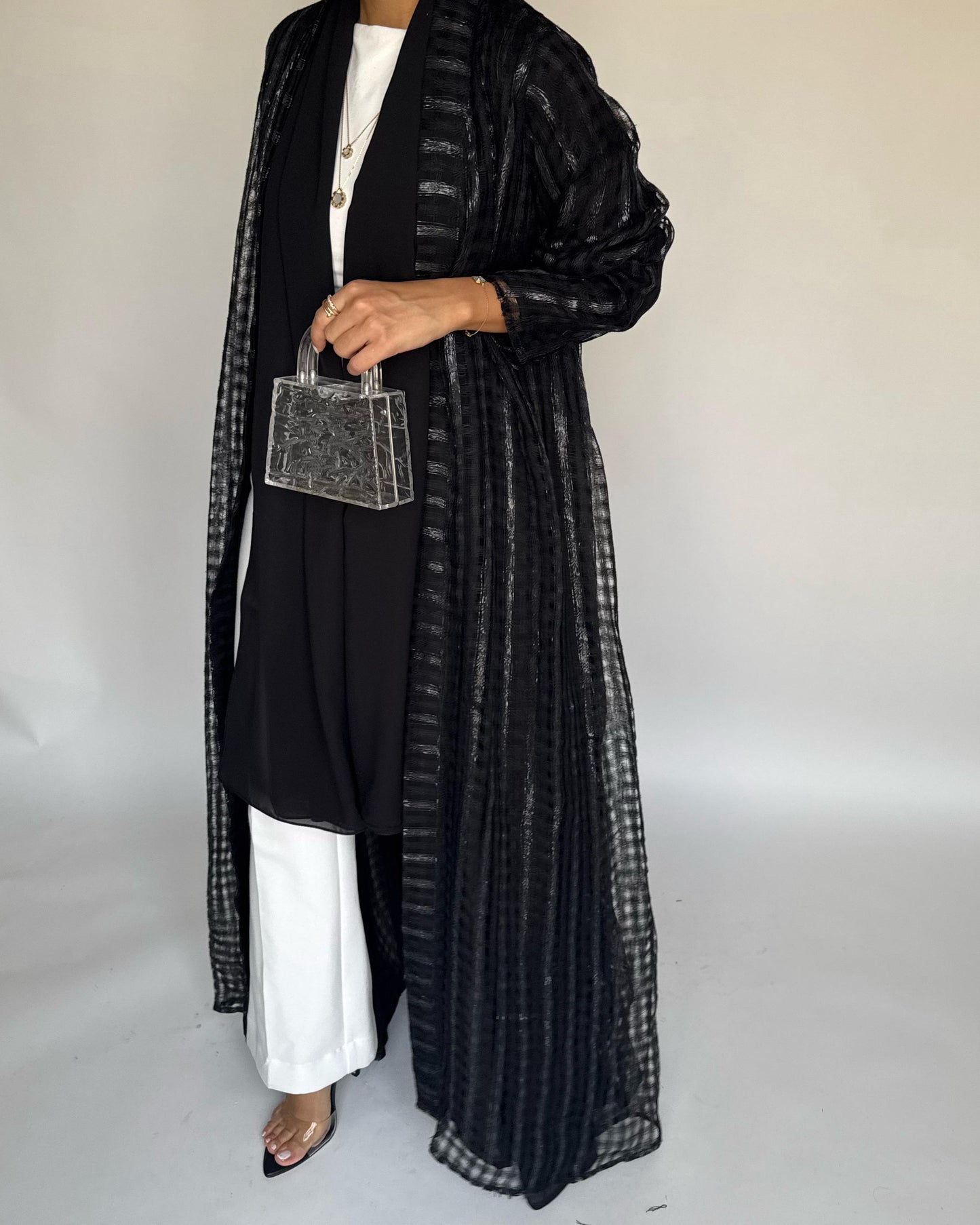 A449 - Black A-Cut Linen Checkered Summery Daily Abaya