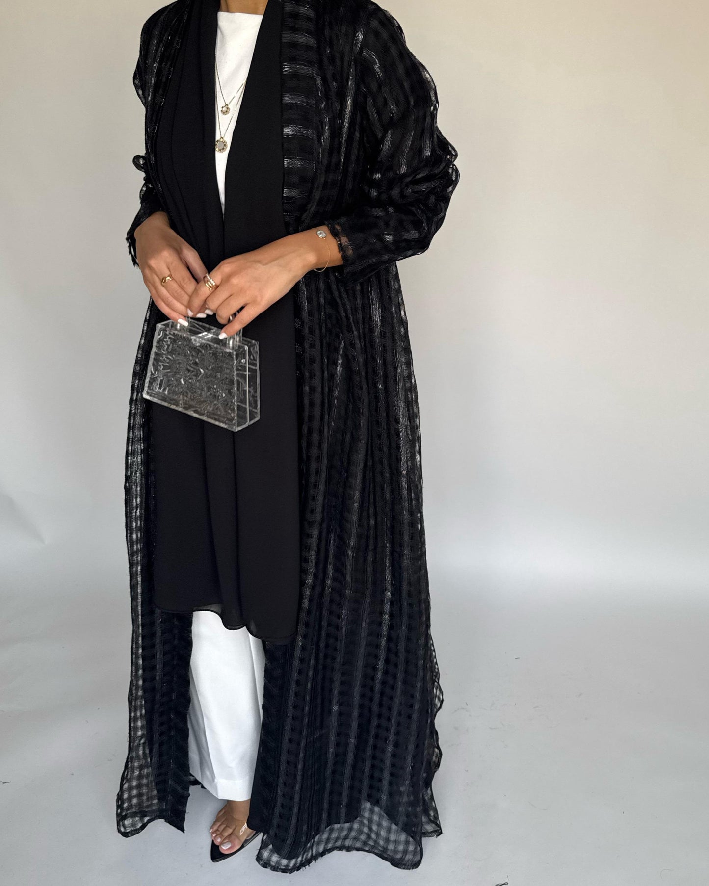 A449 - Black A-Cut Linen Checkered Summery Daily Abaya
