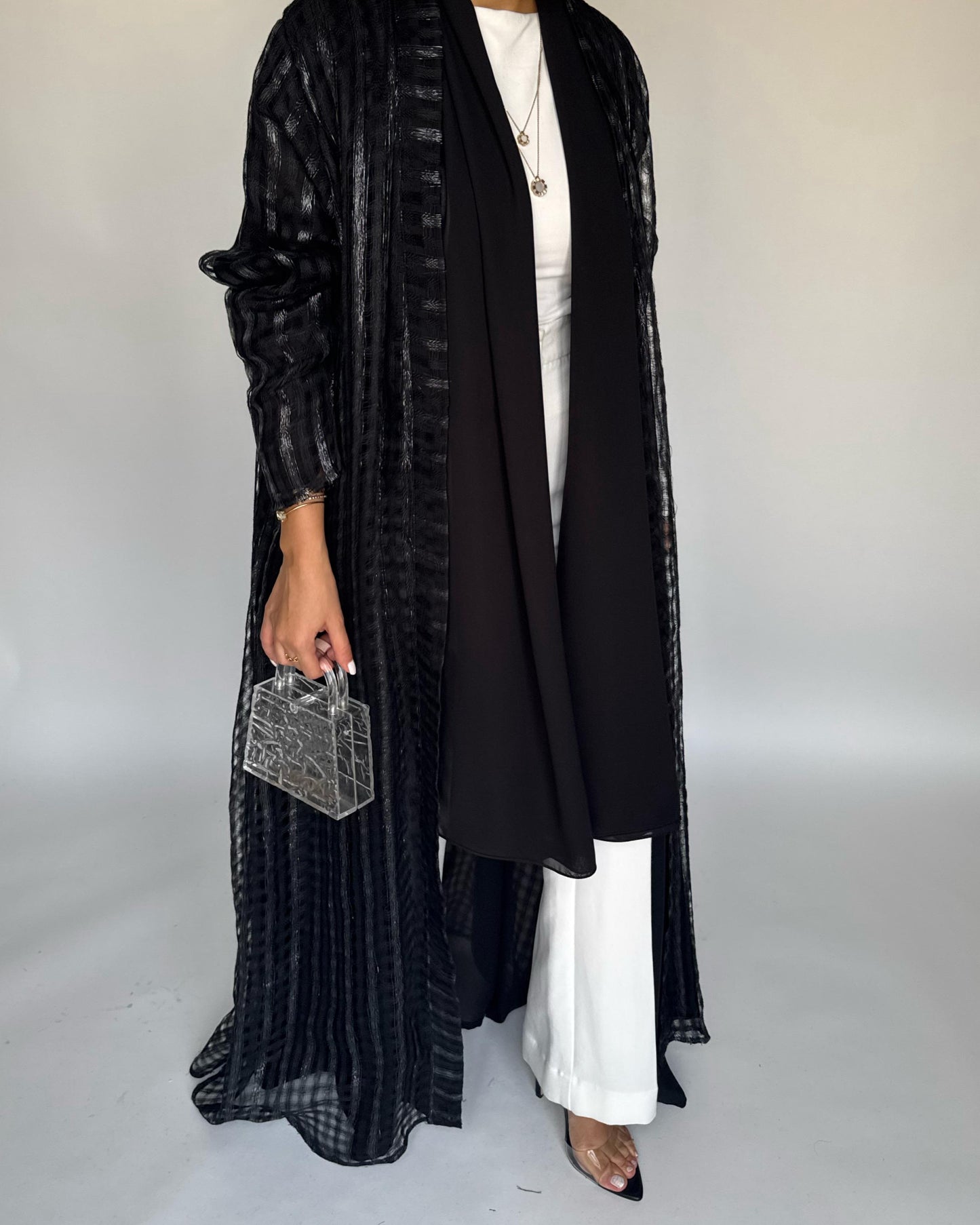 A449 - Black A-Cut Linen Checkered Summery Daily Abaya