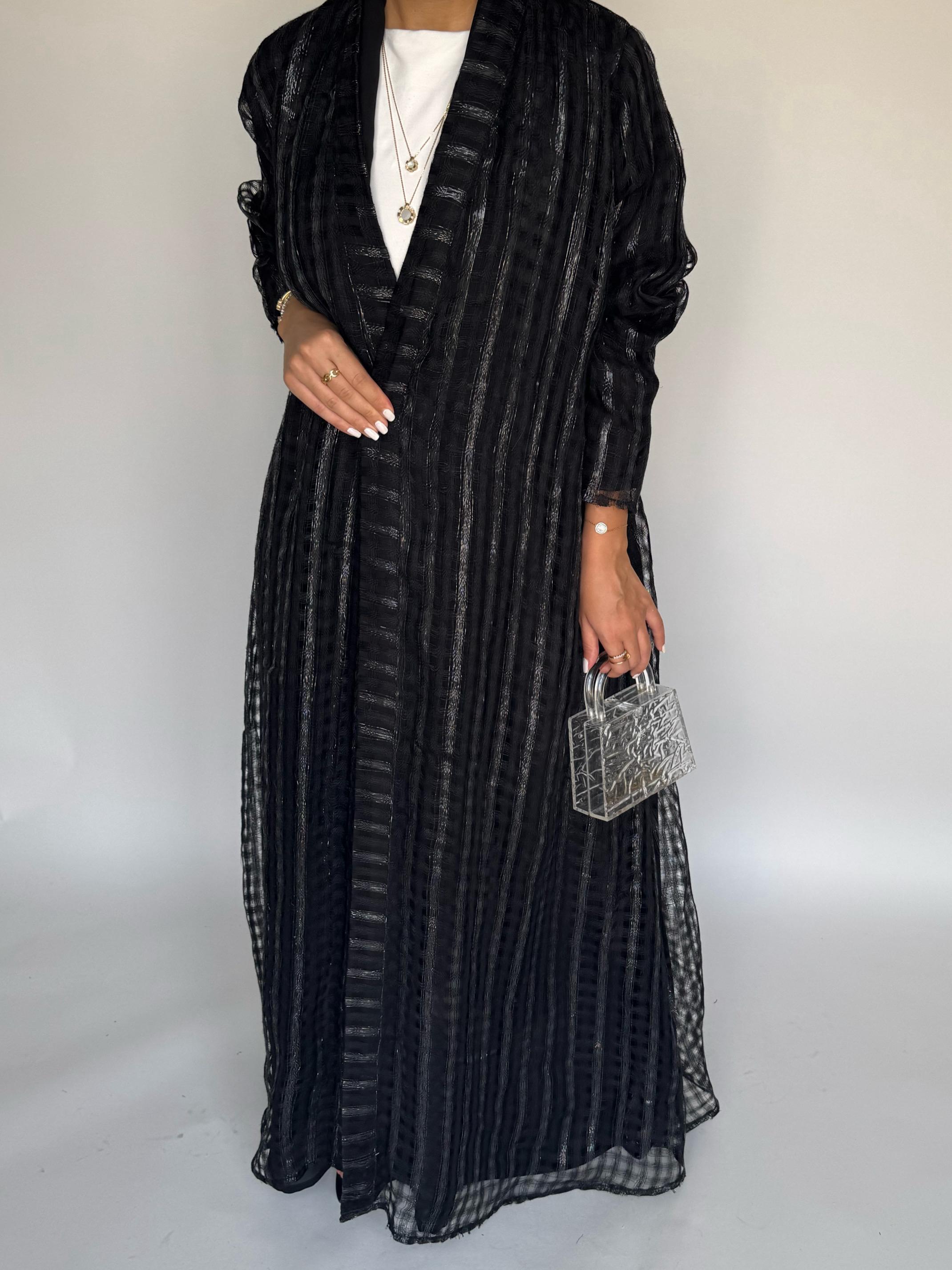 A449 - Black A-Cut Linen Checkered Summery Daily Abaya