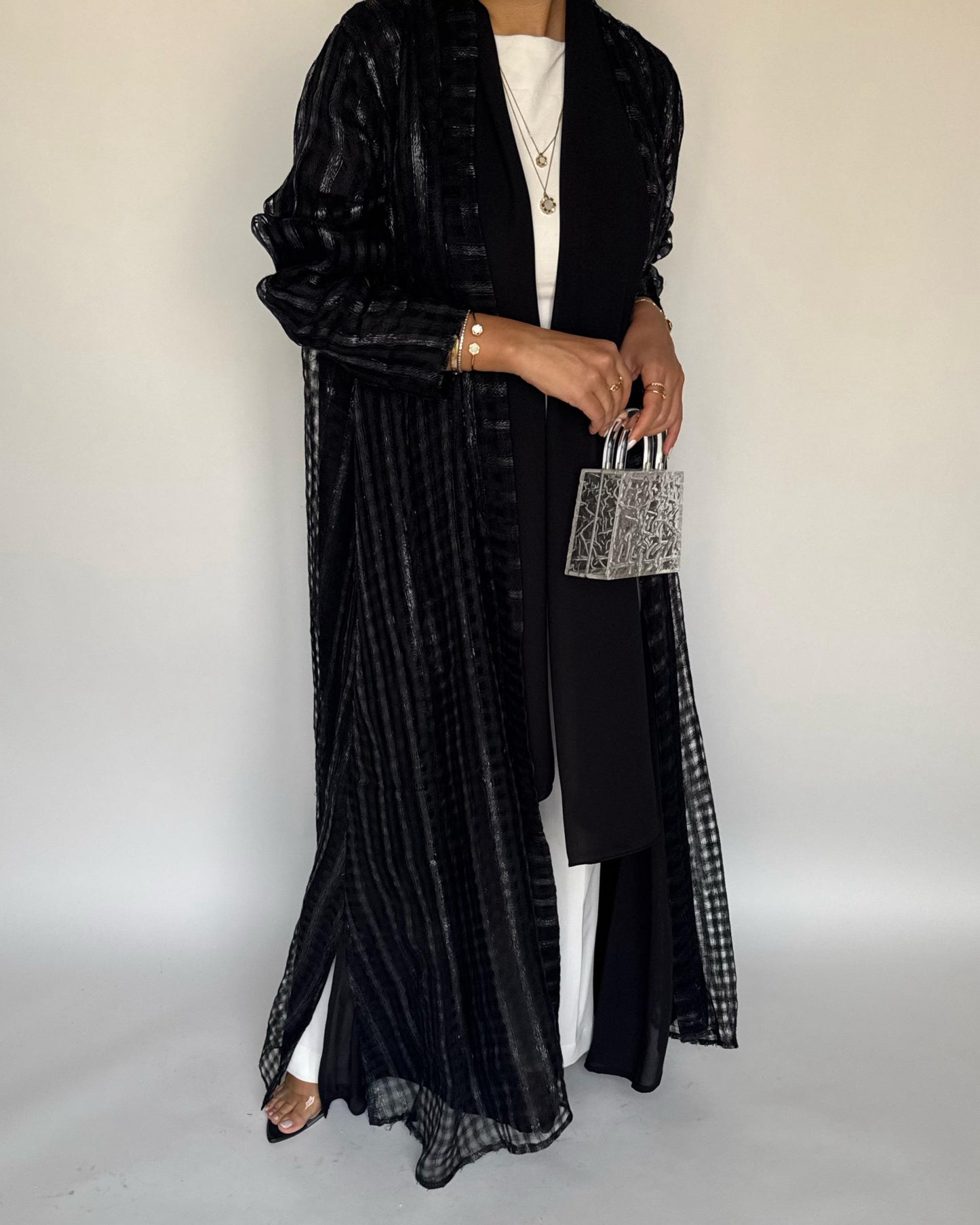 A449 - Black A-Cut Linen Checkered Summery Daily Abaya
