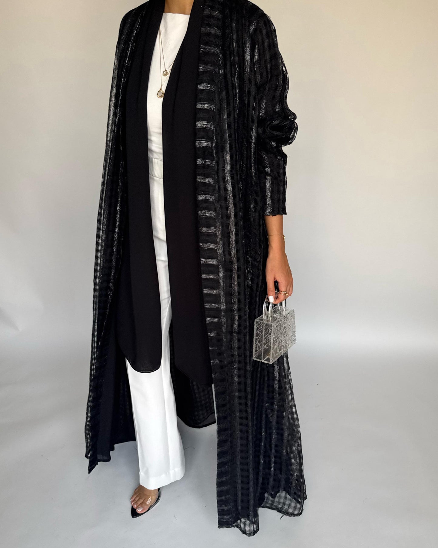 A449 - Black A-Cut Linen Checkered Summery Daily Abaya
