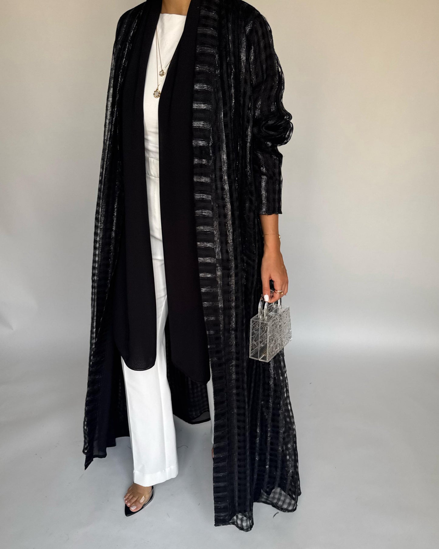 A449 - Black A-Cut Linen Checkered Summery Daily Abaya