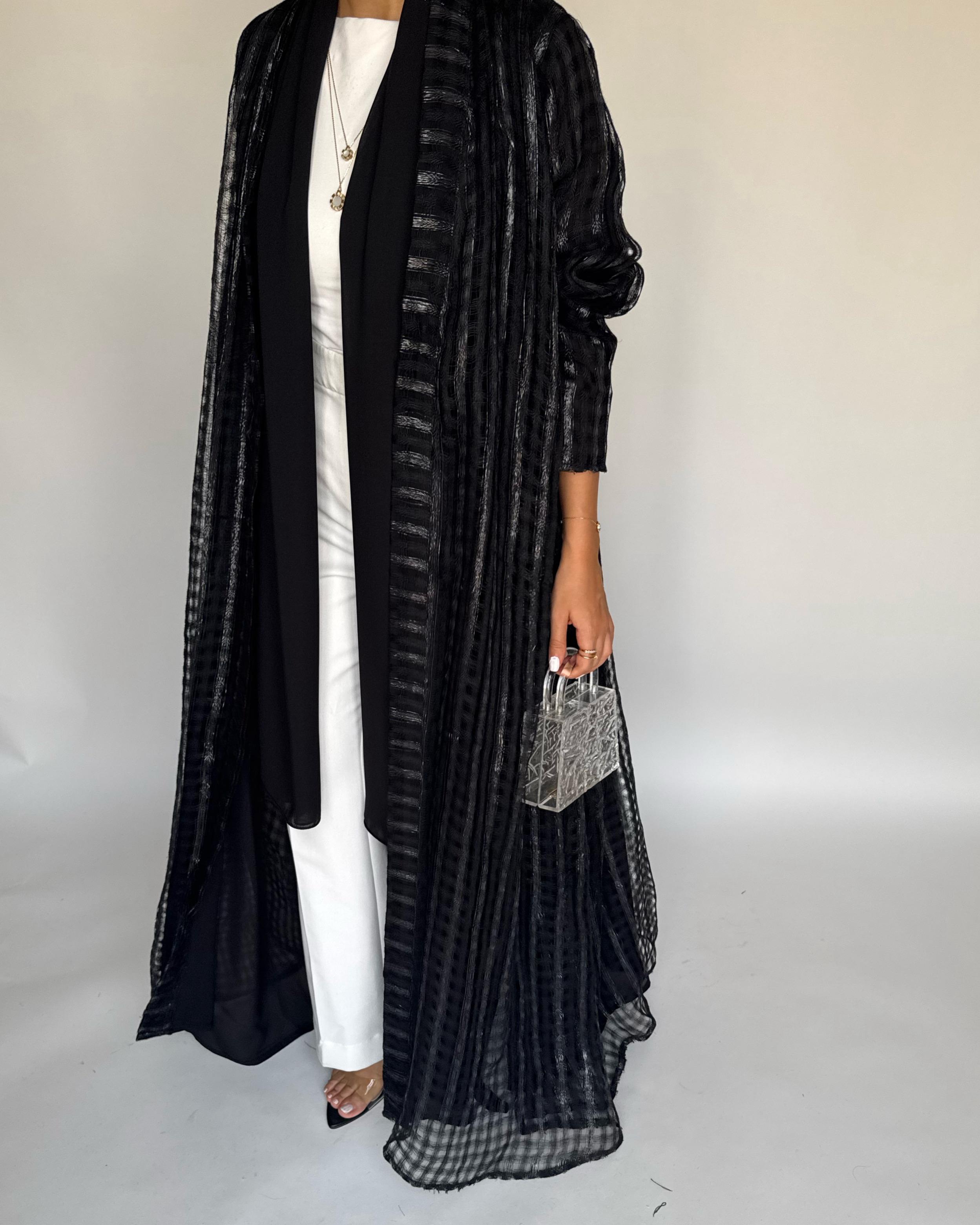 A449 - Black A-Cut Linen Checkered Summery Daily Abaya