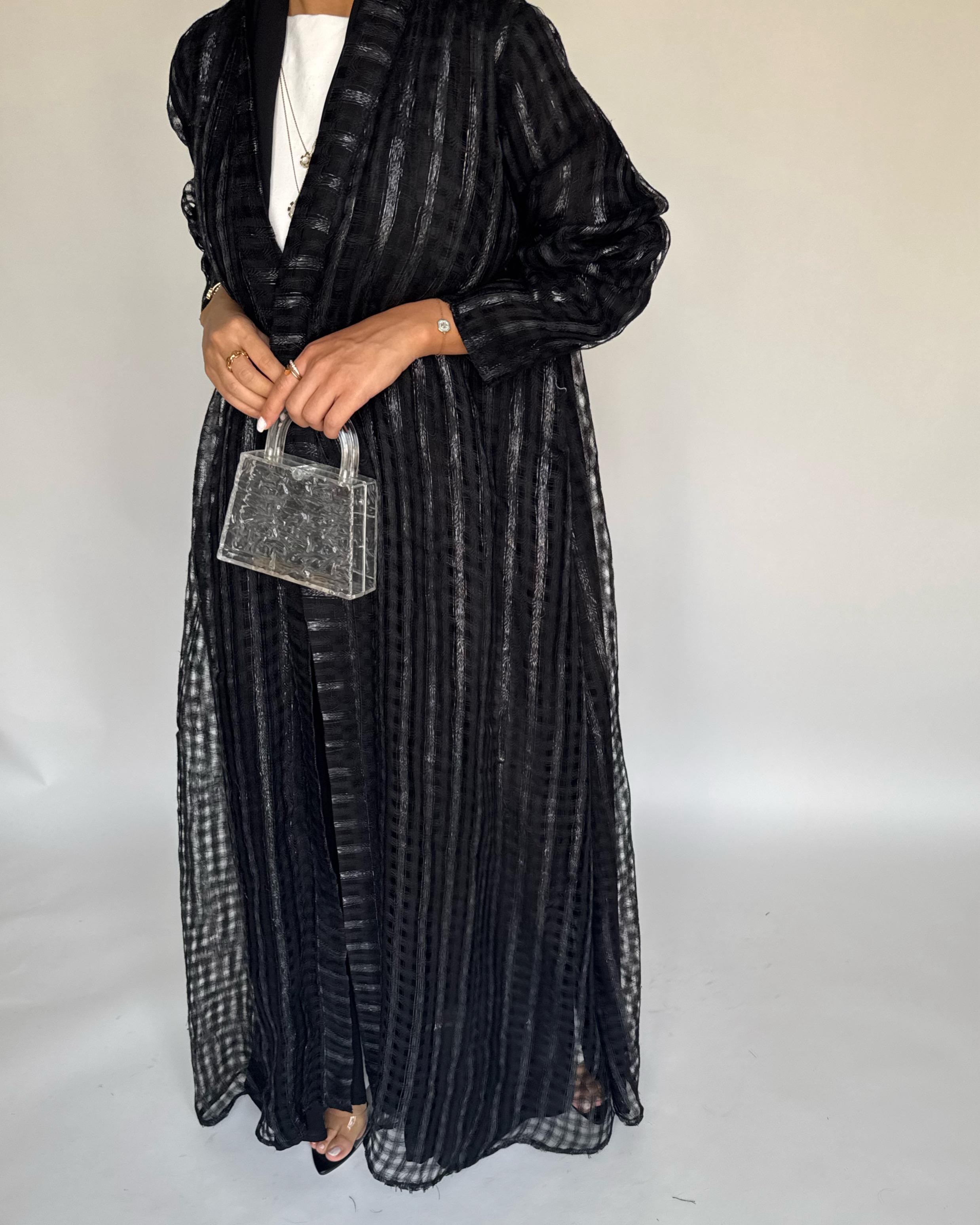 A449 - Black A-Cut Linen Checkered Summery Daily Abaya