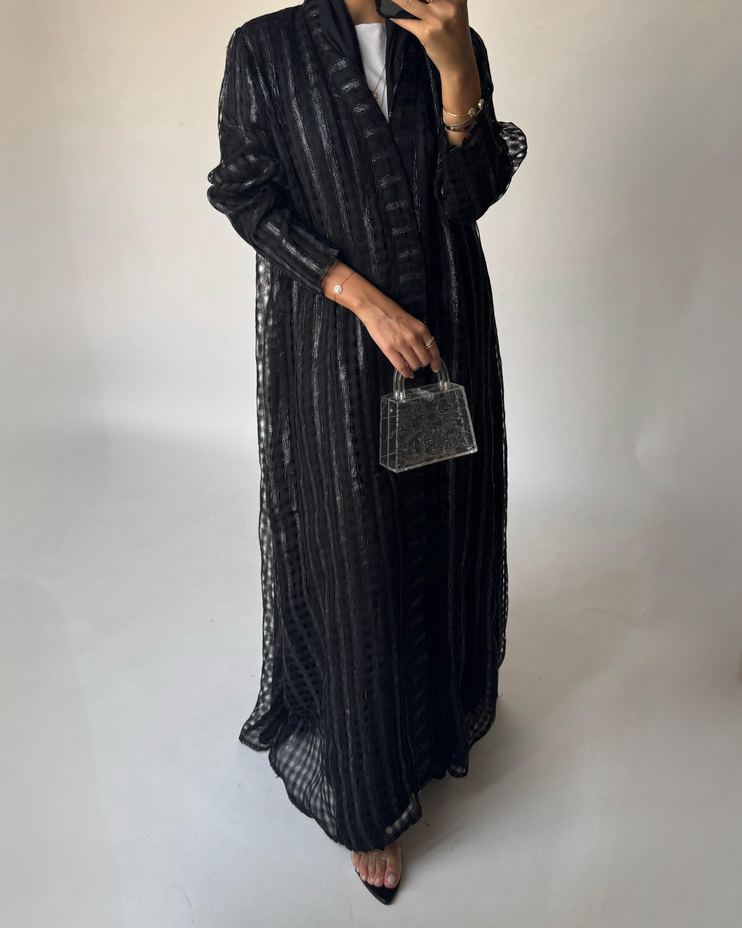 A449 - Black A-Cut Linen Checkered Summery Daily Abaya
