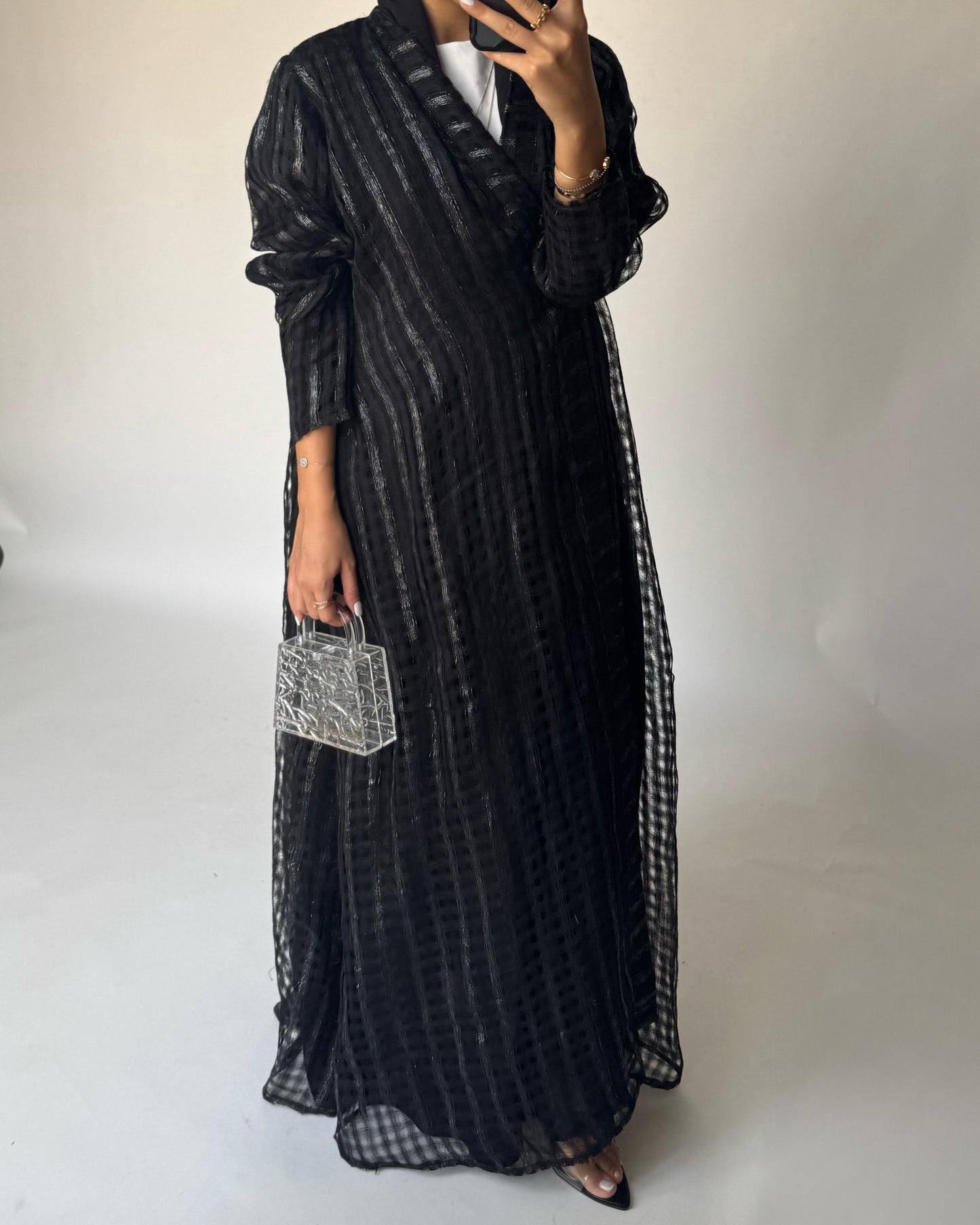 A449 - Black A-Cut Linen Checkered Summery Daily Abaya