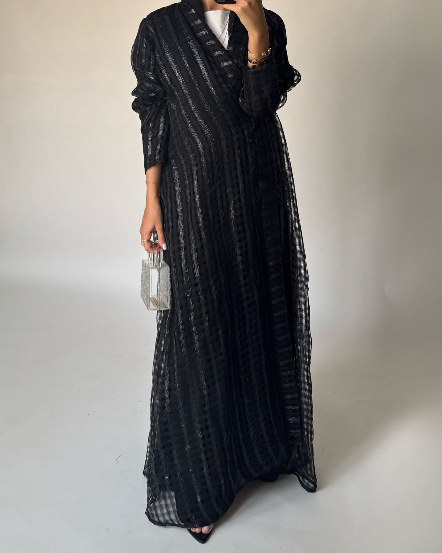 A449 - Black A-Cut Linen Checkered Summery Daily Abaya
