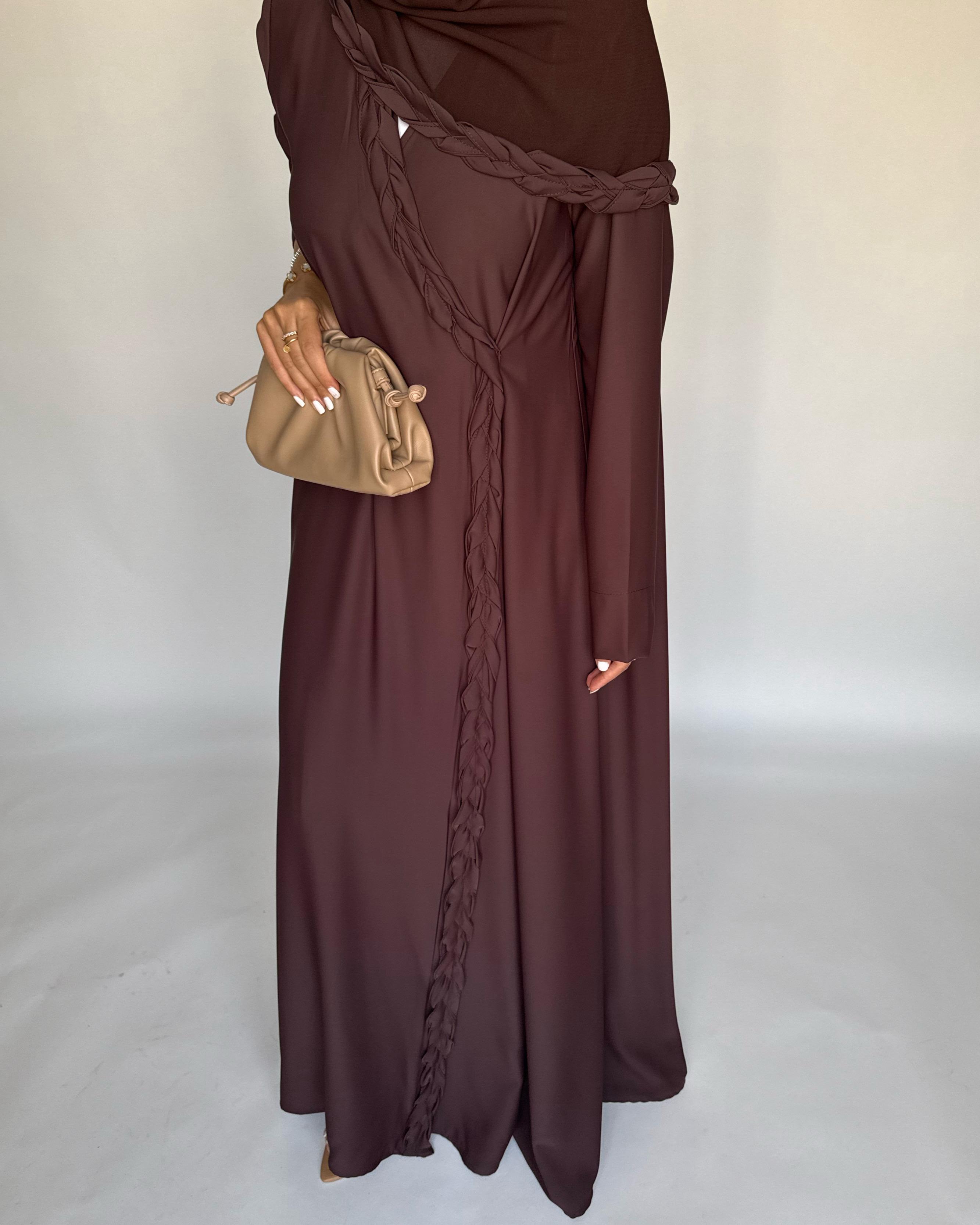 A463 - Chocolate Brown Braided Crepe Abaya with Matching Head Scarf