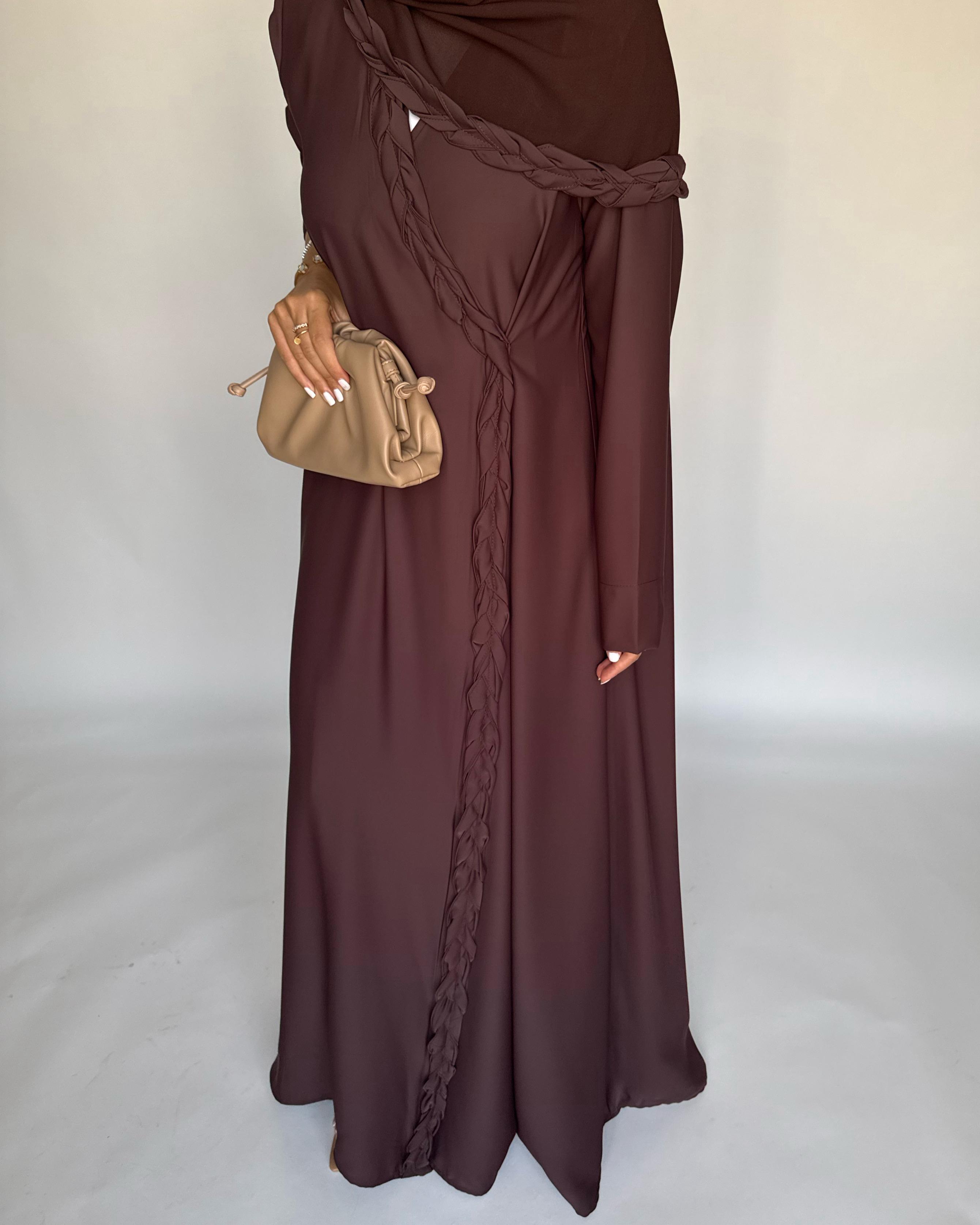 A463 - Chocolate Brown Braided Crepe Abaya with Matching Head Scarf
