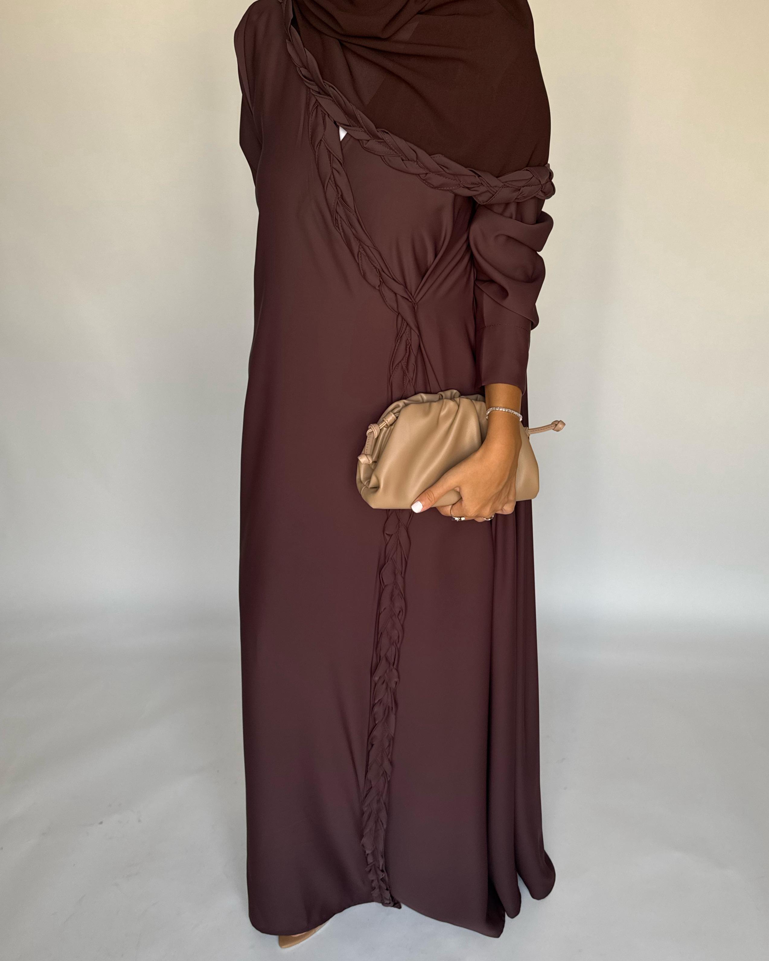A463 - Chocolate Brown Braided Crepe Abaya with Matching Head Scarf
