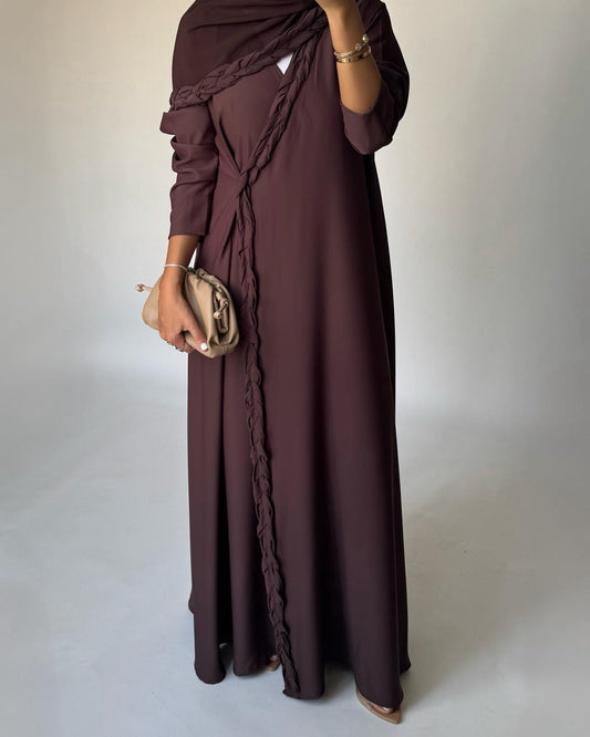 A463 - Chocolate Brown Braided Crepe Abaya with Matching Head Scarf