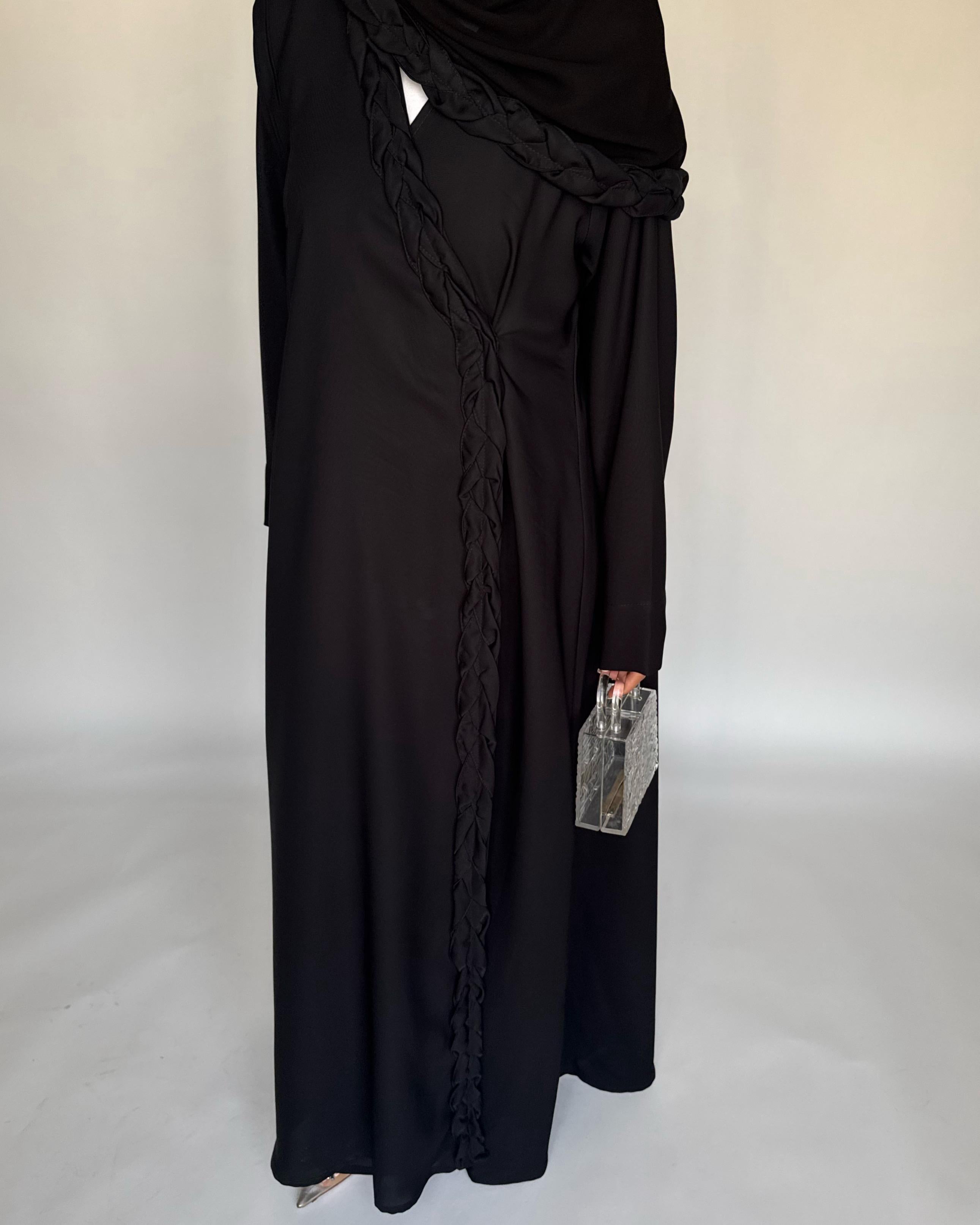 A466 - Black Braided Crepe Abaya with Matching Head Scarf