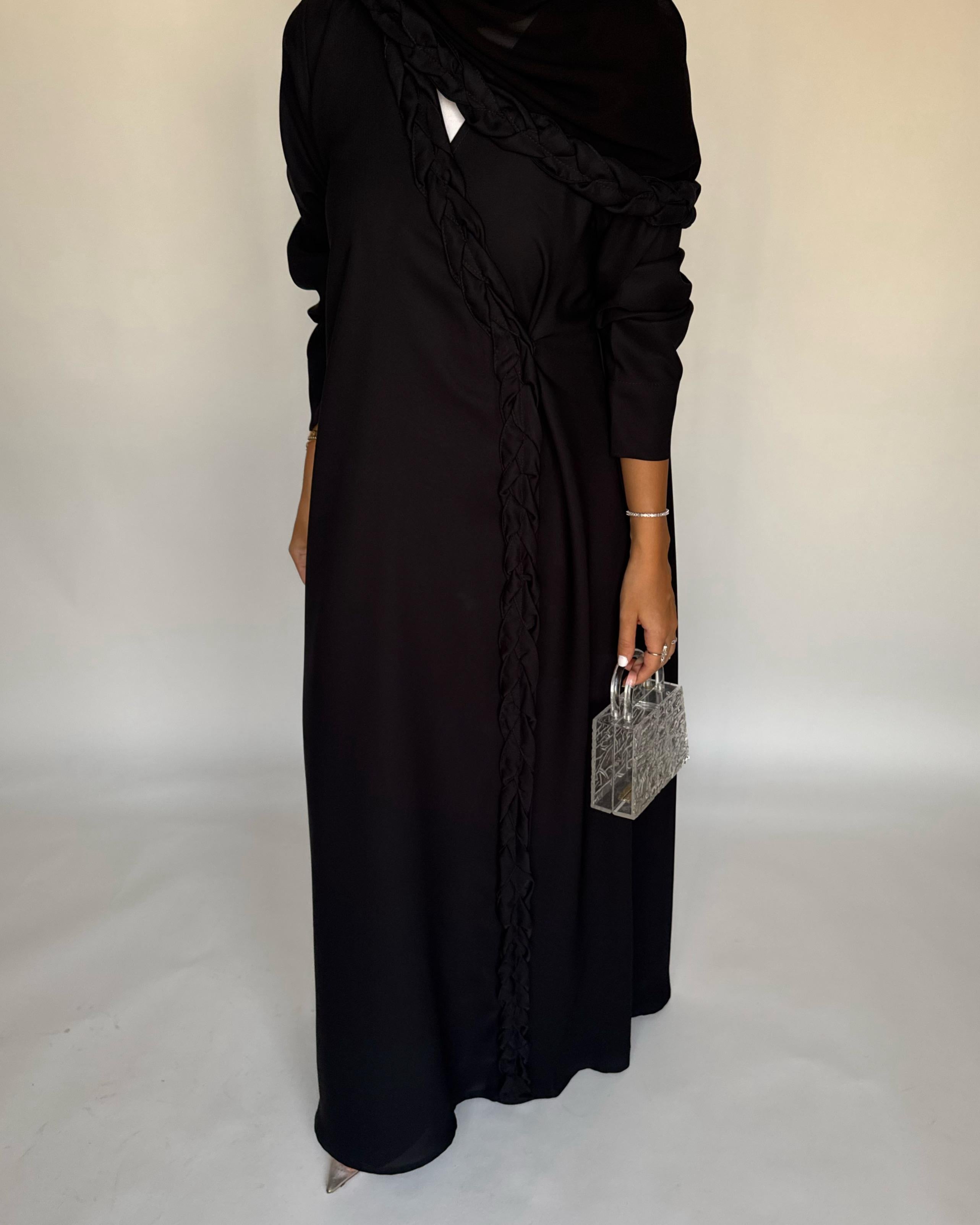 A466 - Black Braided Crepe Abaya with Matching Head Scarf