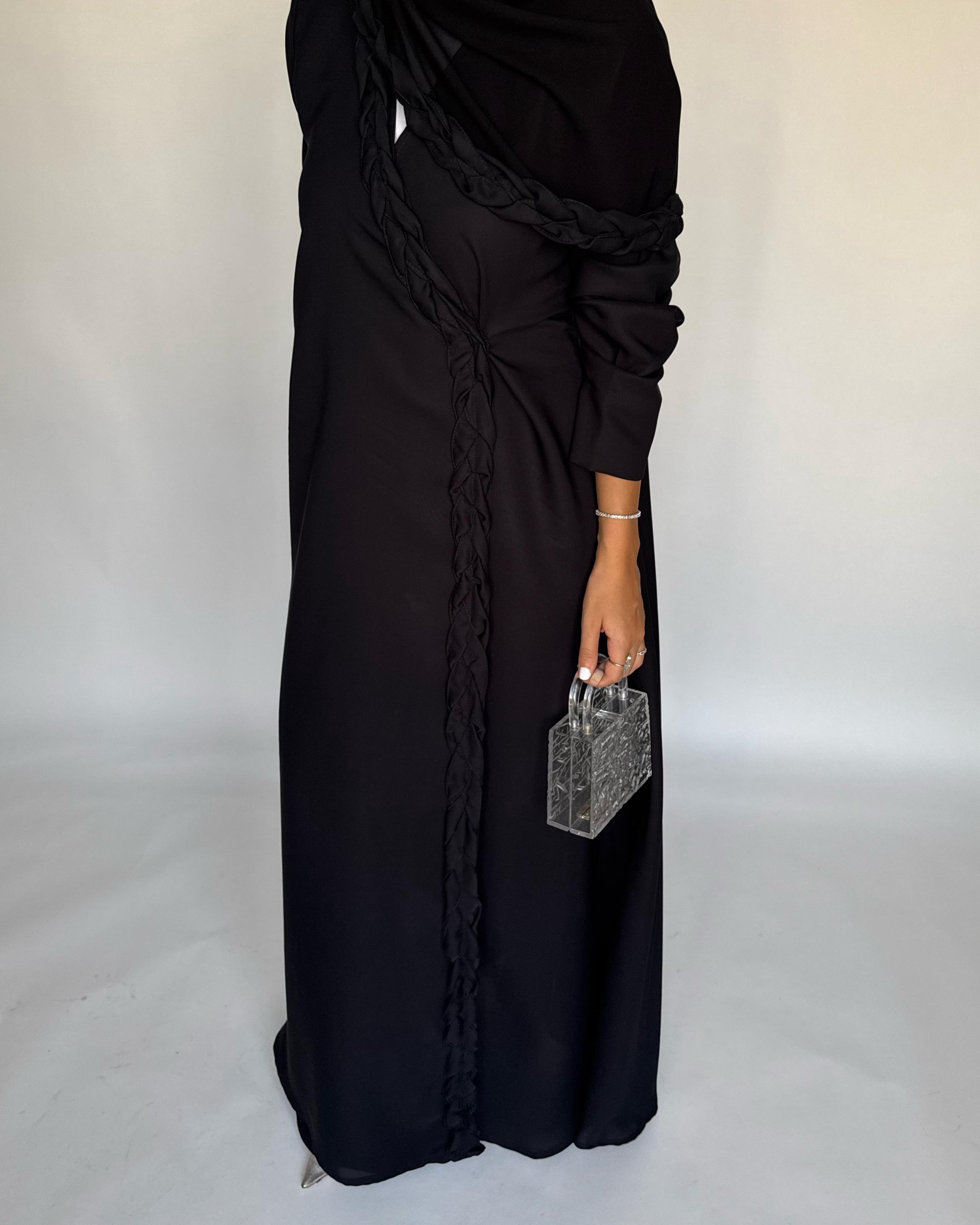 A466 - Black Braided Crepe Abaya with Matching Head Scarf