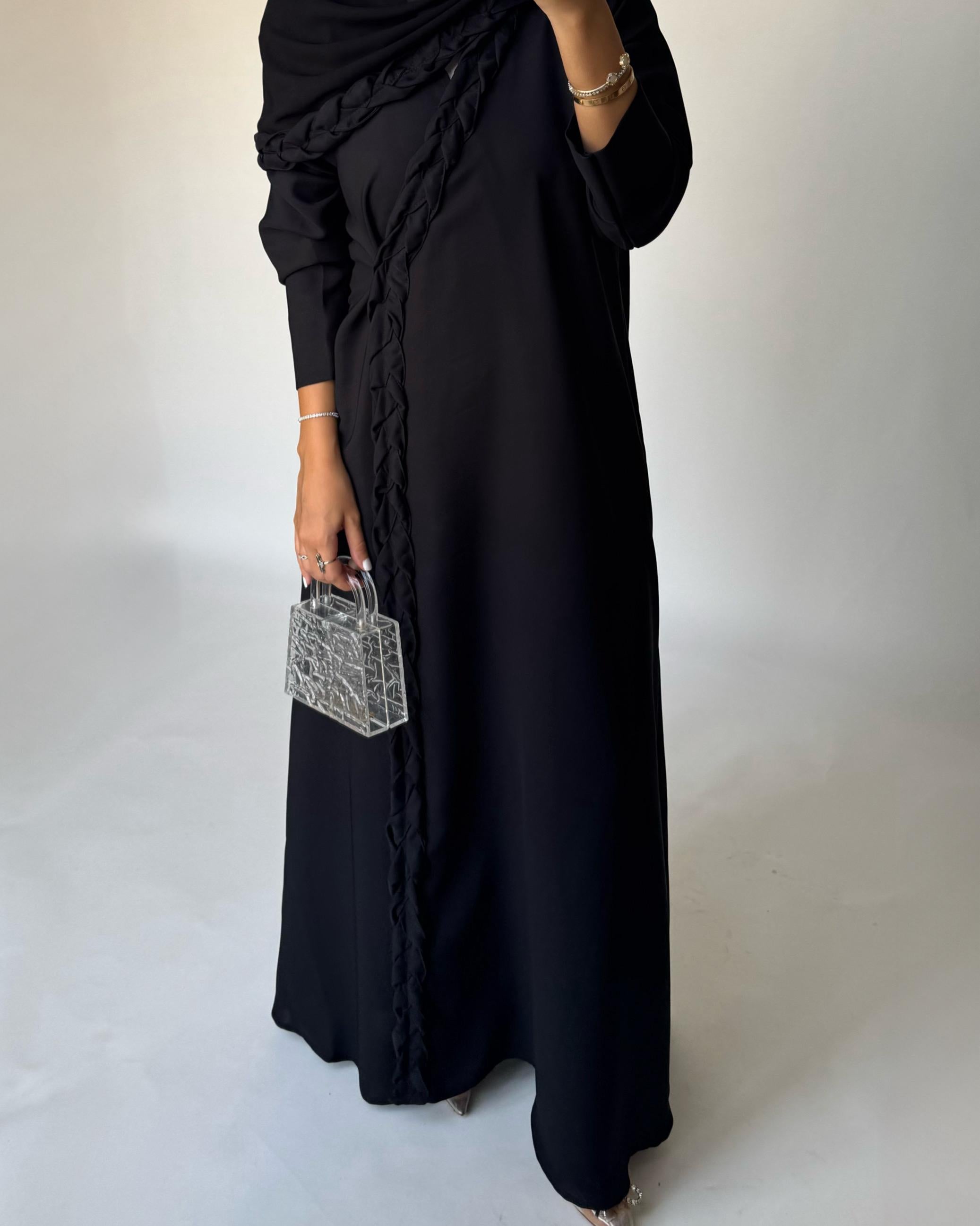 A466 - Black Braided Crepe Abaya with Matching Head Scarf