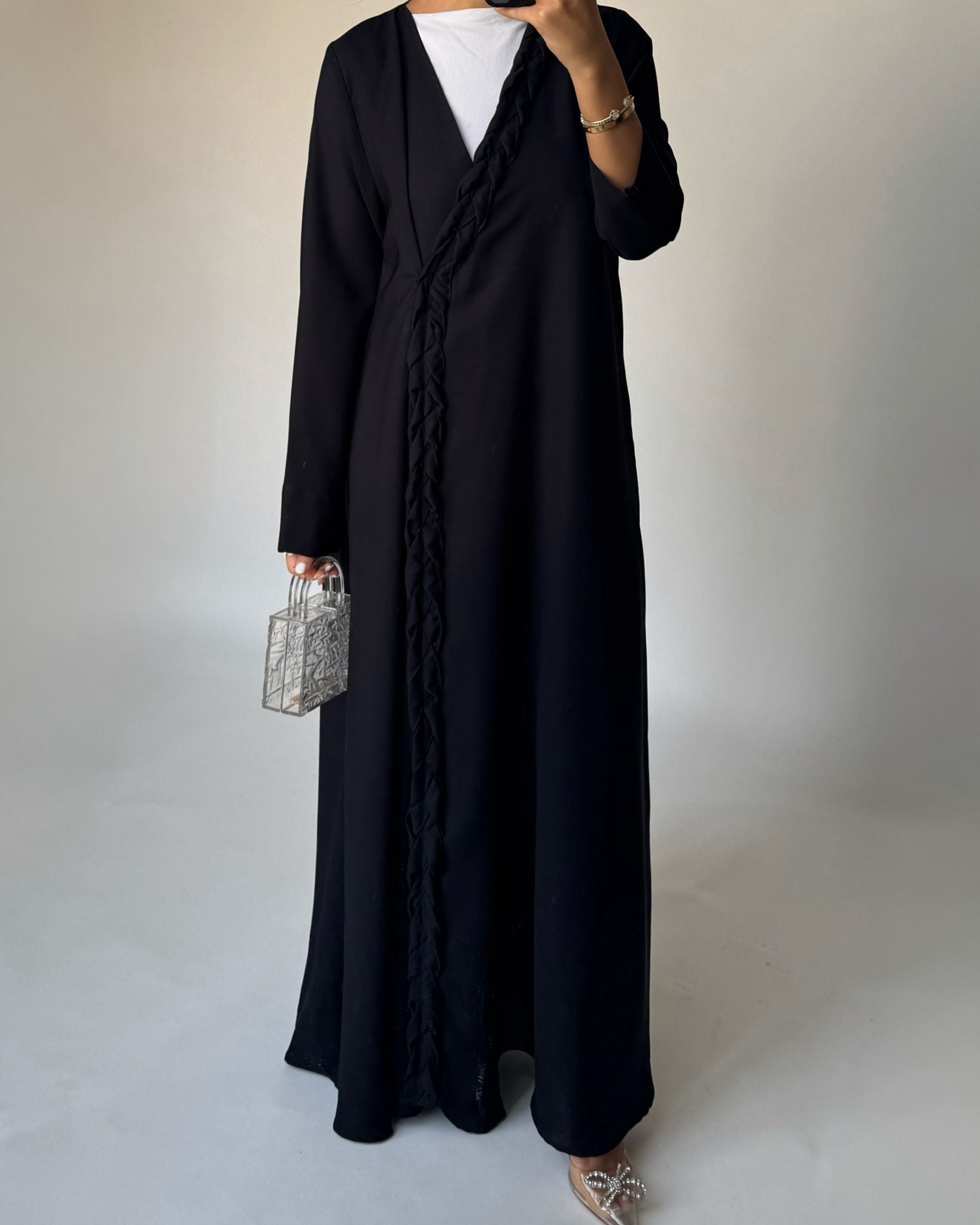 A466 - Black Braided Crepe Abaya with Matching Head Scarf