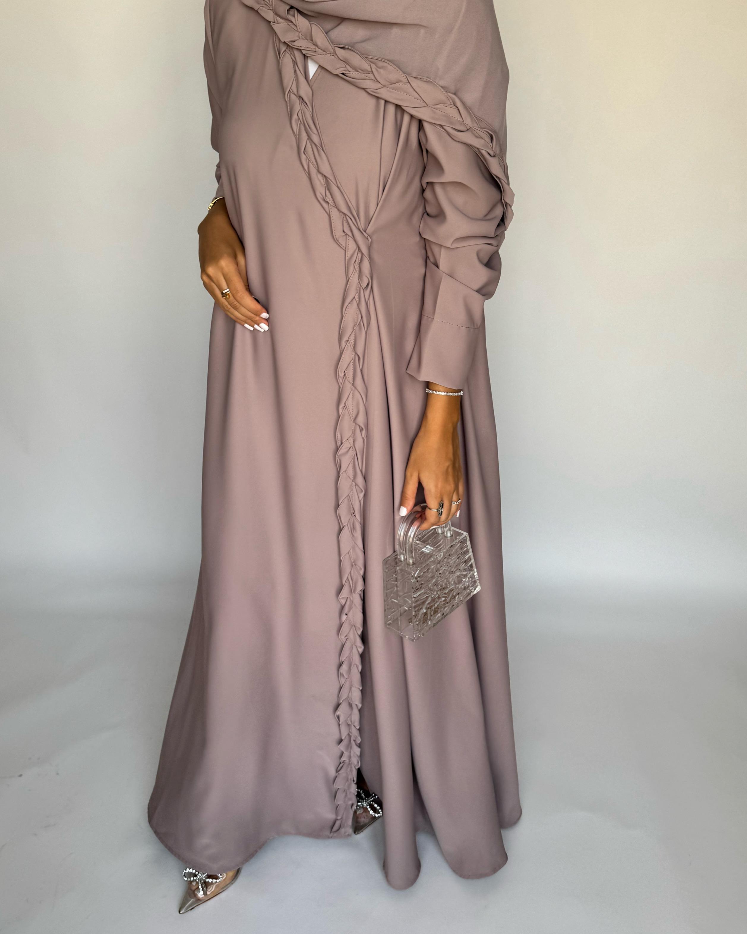 A462 - Taupe Braided Crepe Abaya with Matching Head Scarf