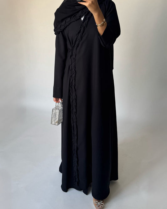 A466 - Black Braided Crepe Abaya with Matching Head Scarf