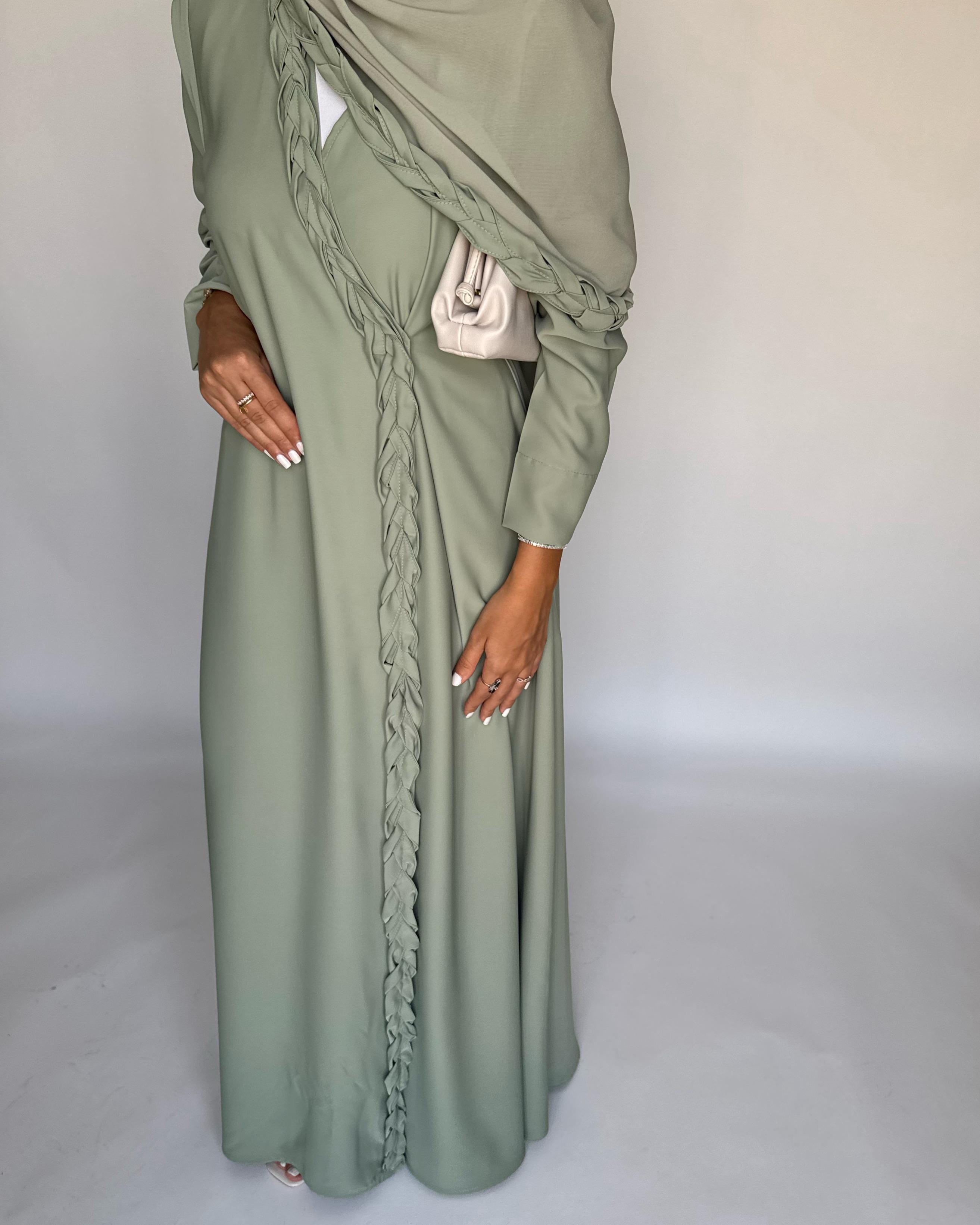 A461 - Light Green Braided Crepe Abaya with Matching Head Scarf