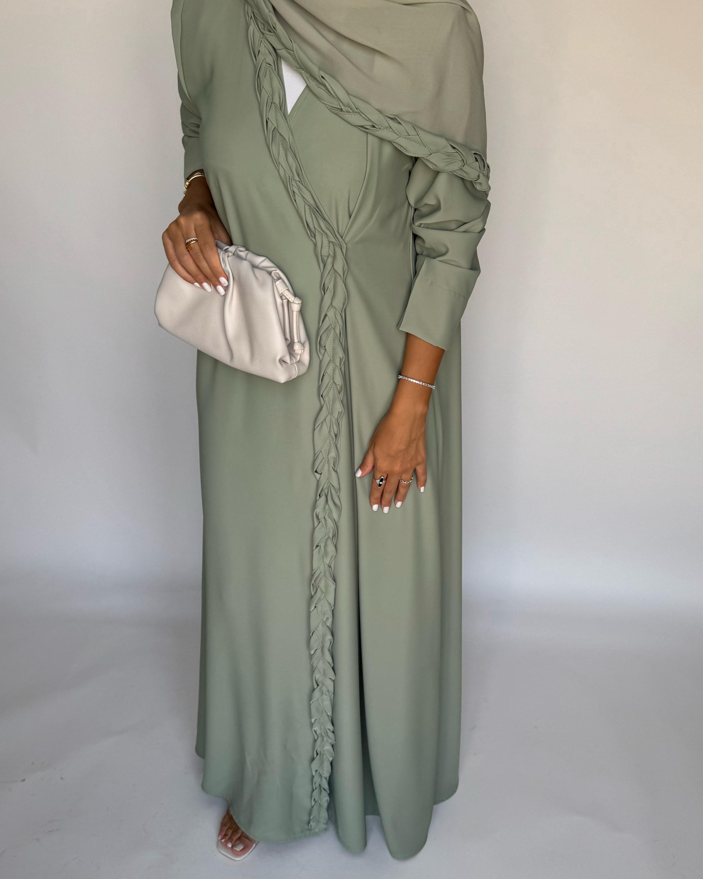 A461 - Light Green Braided Crepe Abaya with Matching Head Scarf