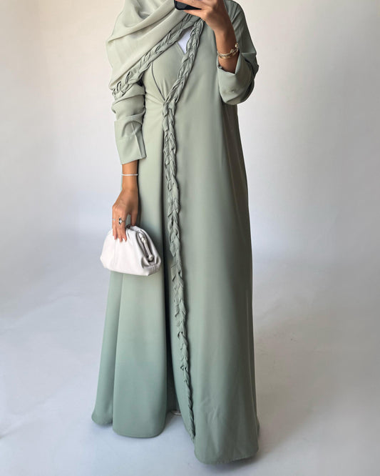 A461 - Light Green Braided Crepe Abaya with Matching Head Scarf