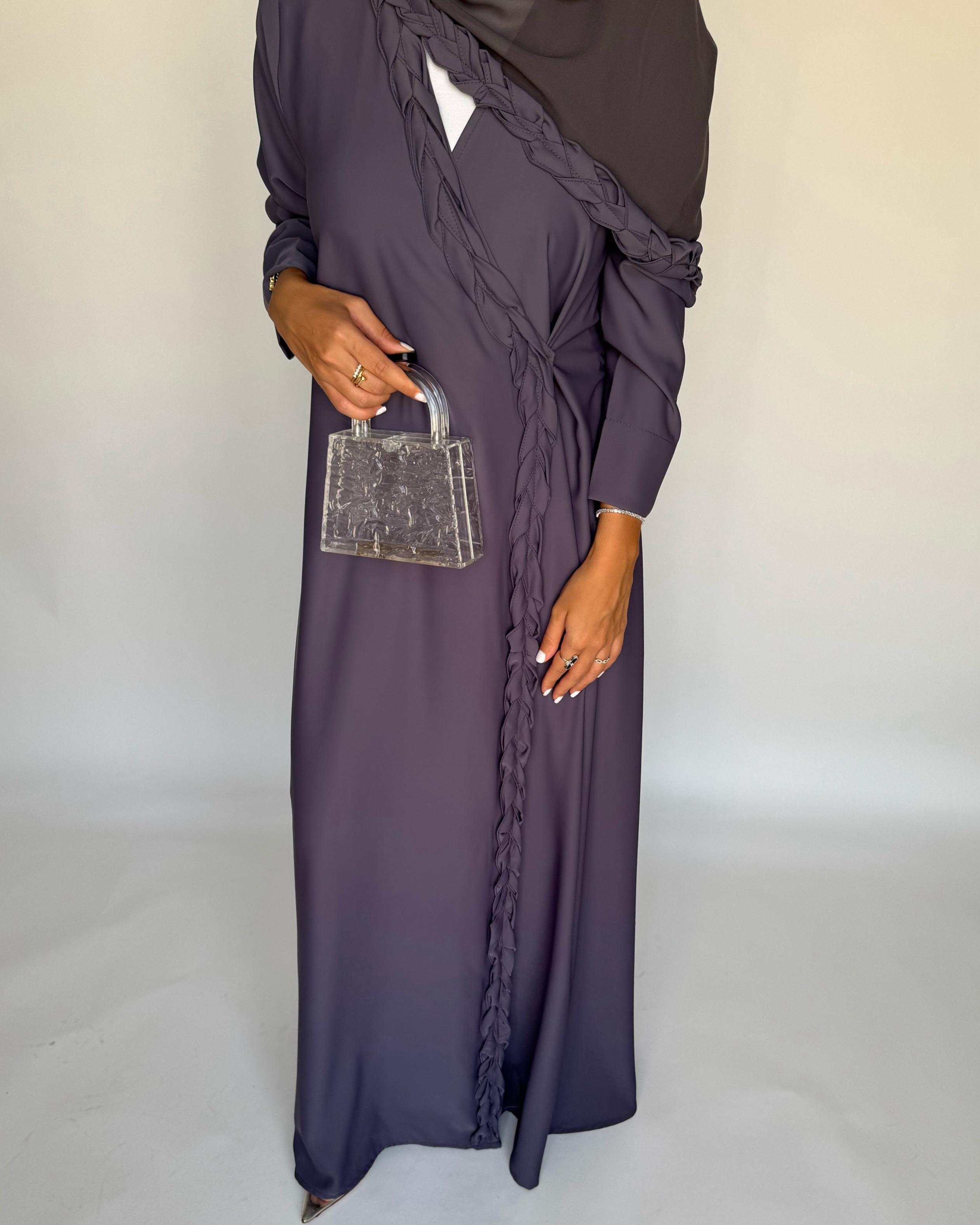 A464 - Gray Braided Crepe Abaya with Matching Head Scarf