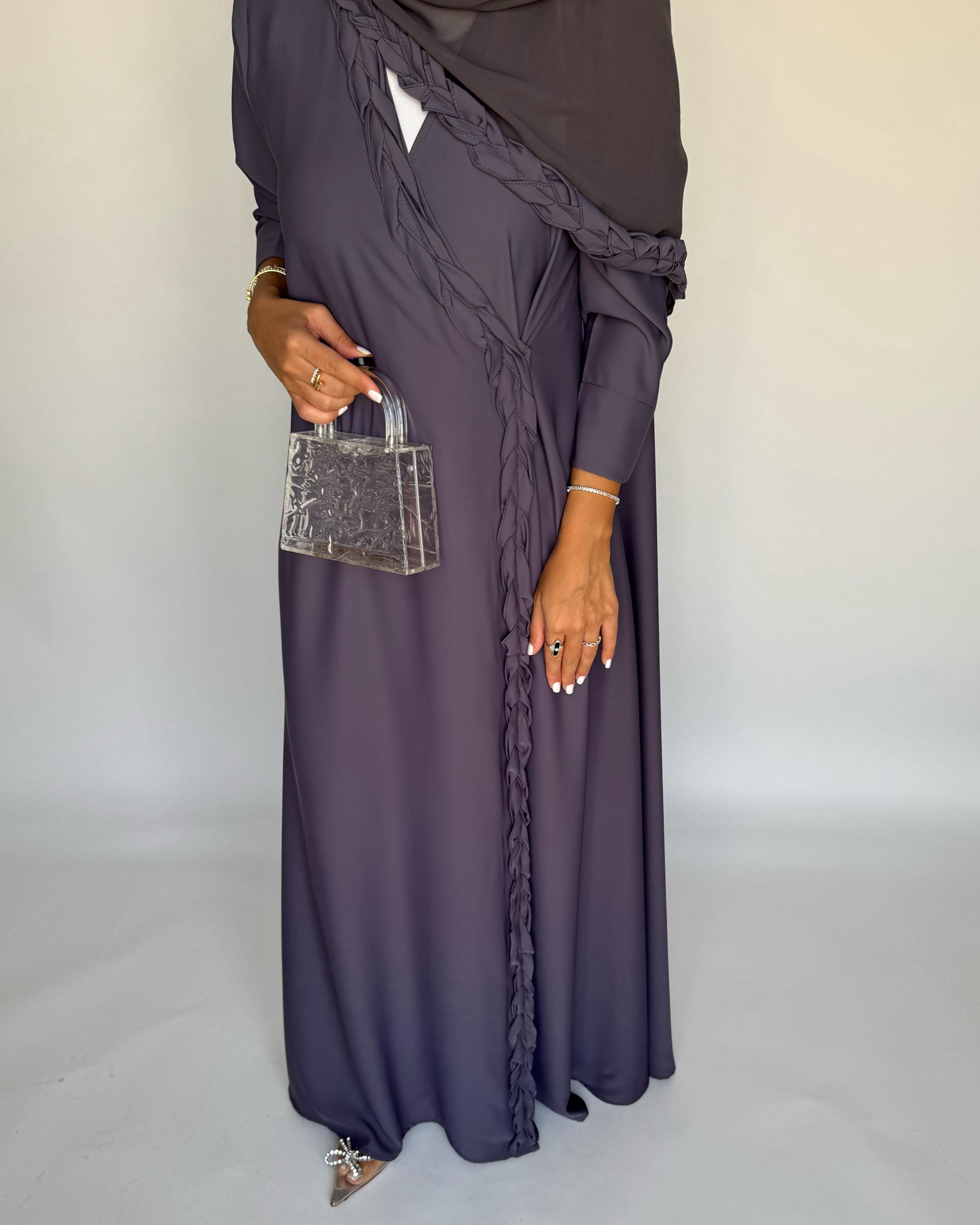 A464 - Gray Braided Crepe Abaya with Matching Head Scarf