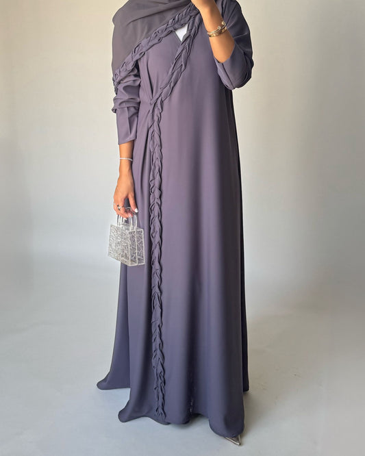 A464 - Gray Braided Crepe Abaya with Matching Head Scarf